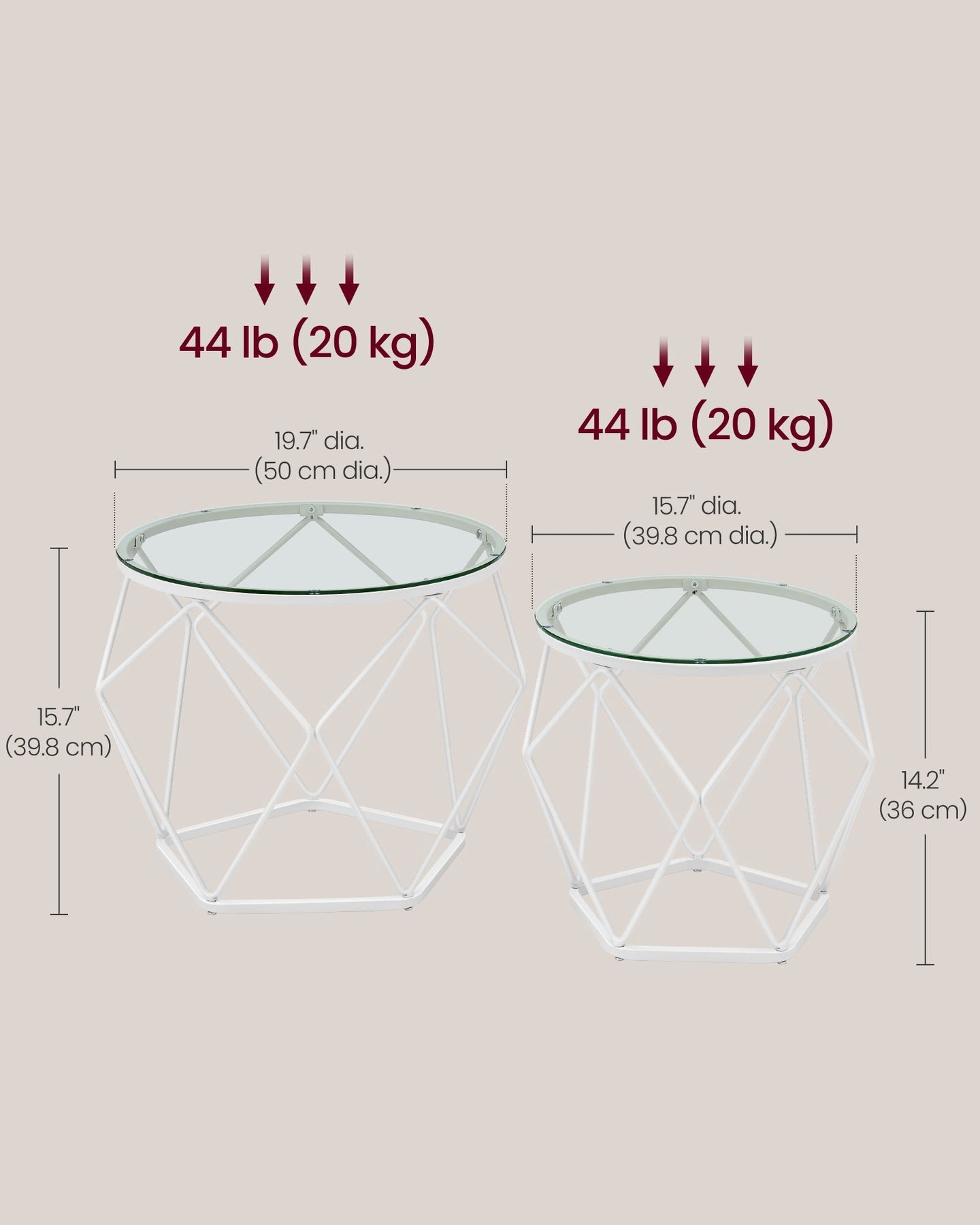 Set of 2 Round Coffee Tables - Steel Frame - Transparent - Removable Tabletops