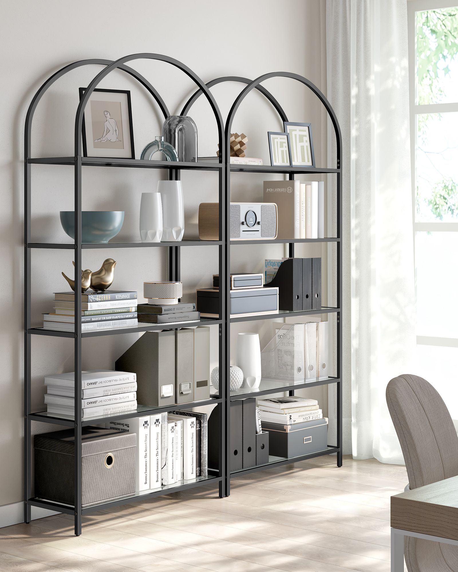 5-Tier Ladder Shelf - Glass - Black and Gold - Slim Design for Bedroom