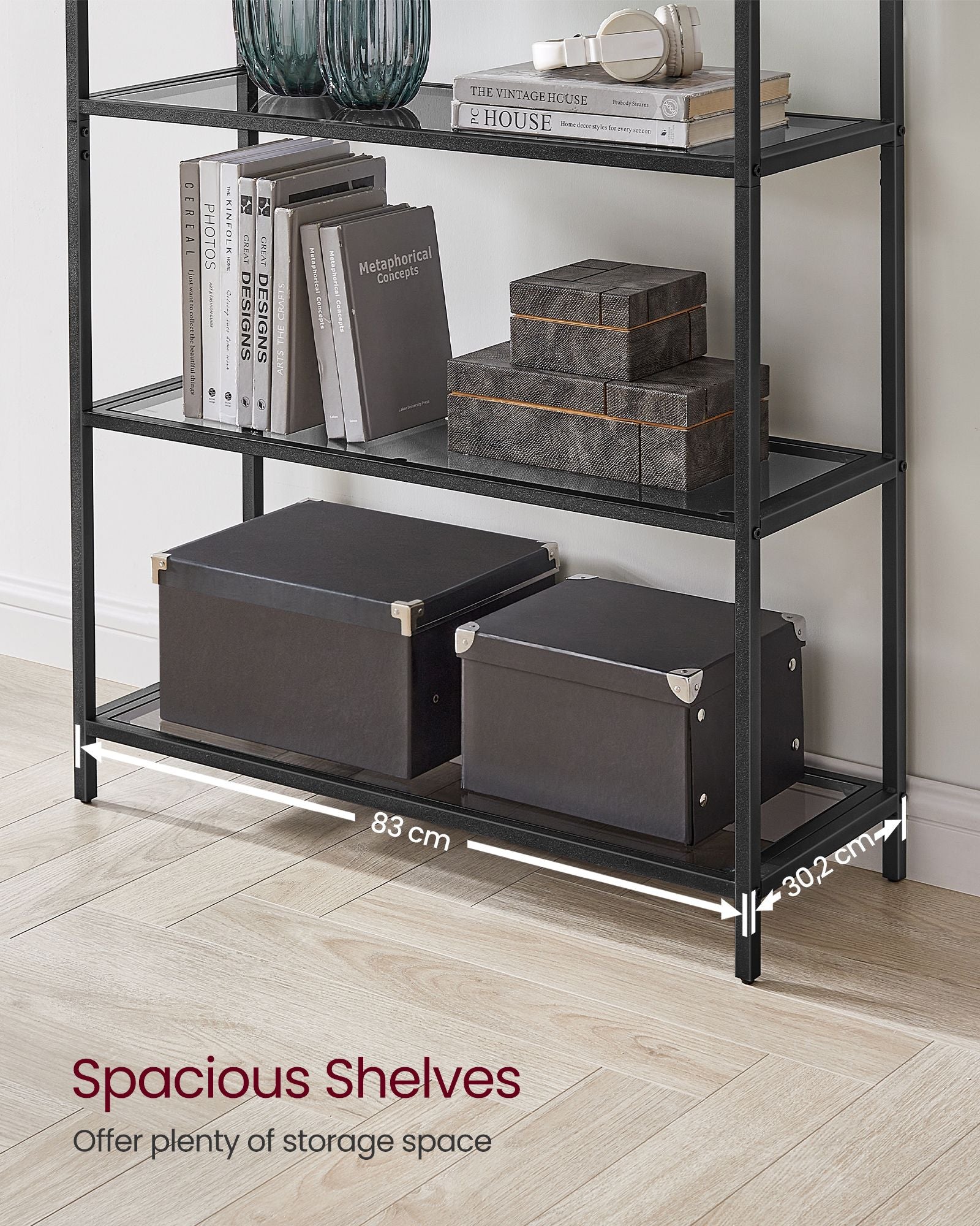 5-Tier Ladder Shelf - Glass - Black and Gold - Slim Design for Bedroom