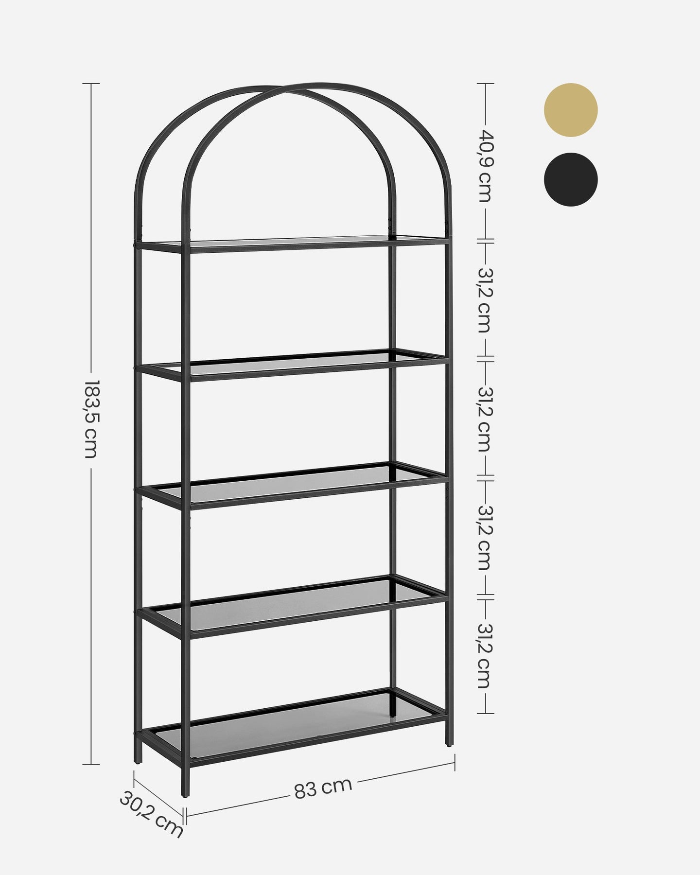5-Tier Ladder Shelf - Glass - Black and Gold - Slim Design for Bedroom
