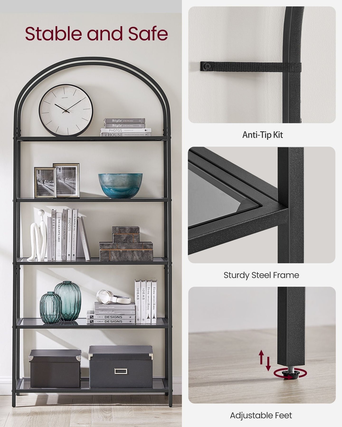 5-Tier Ladder Shelf - Glass - Black and Gold - Slim Design for Bedroom