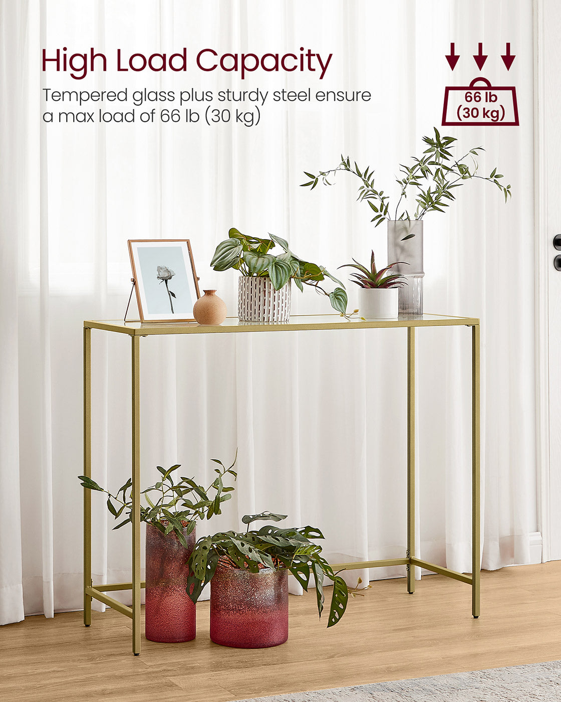 Console Table - Tempered Glass - Gold - Sturdy Design with Adjustable Feet
