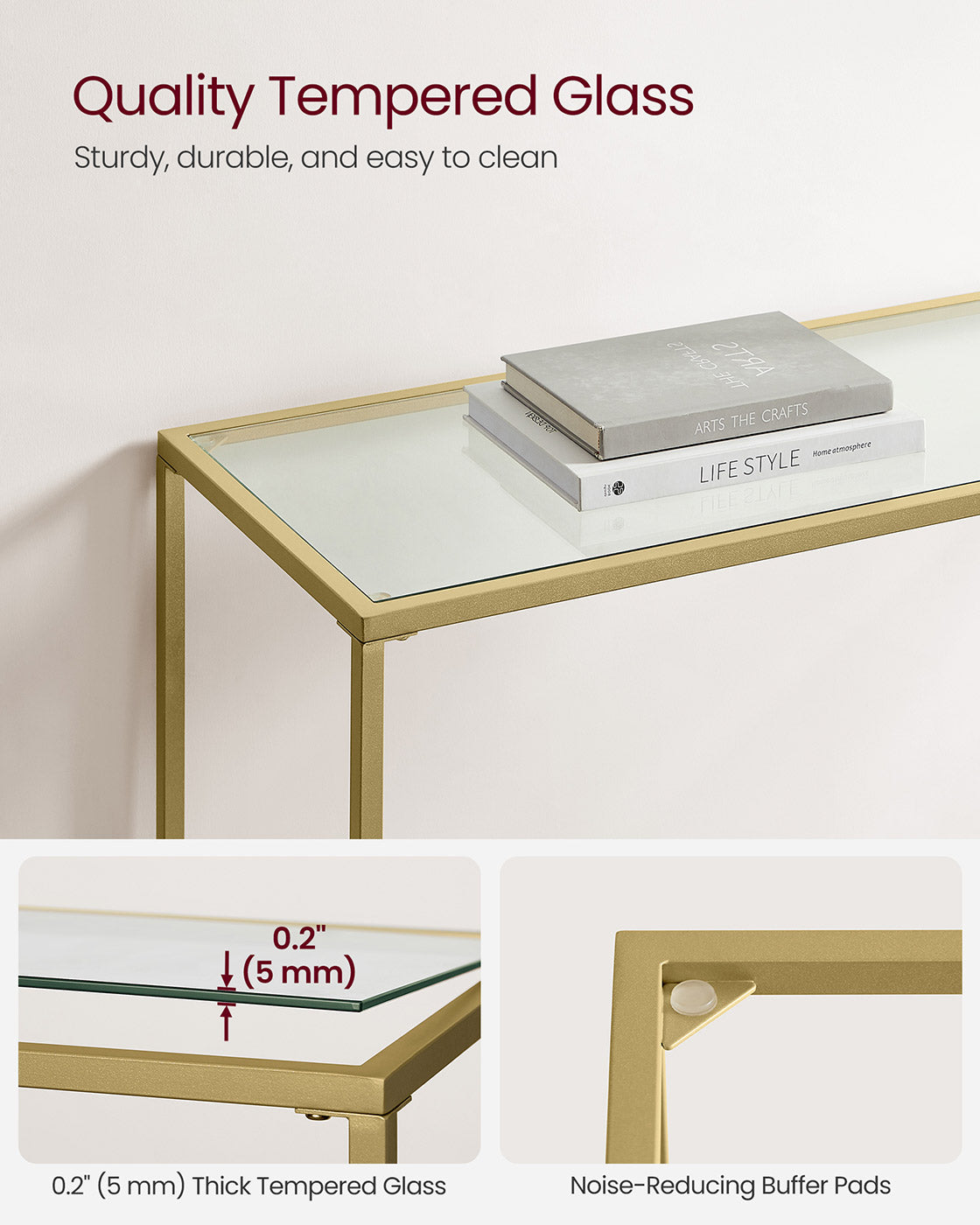 Console Table - Tempered Glass - Gold - Sturdy Design with Adjustable Feet