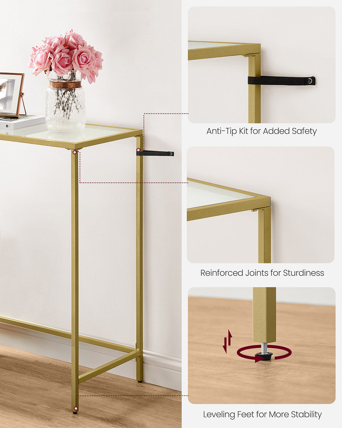 Console Table - Tempered Glass - Gold - Sturdy Design with Adjustable Feet