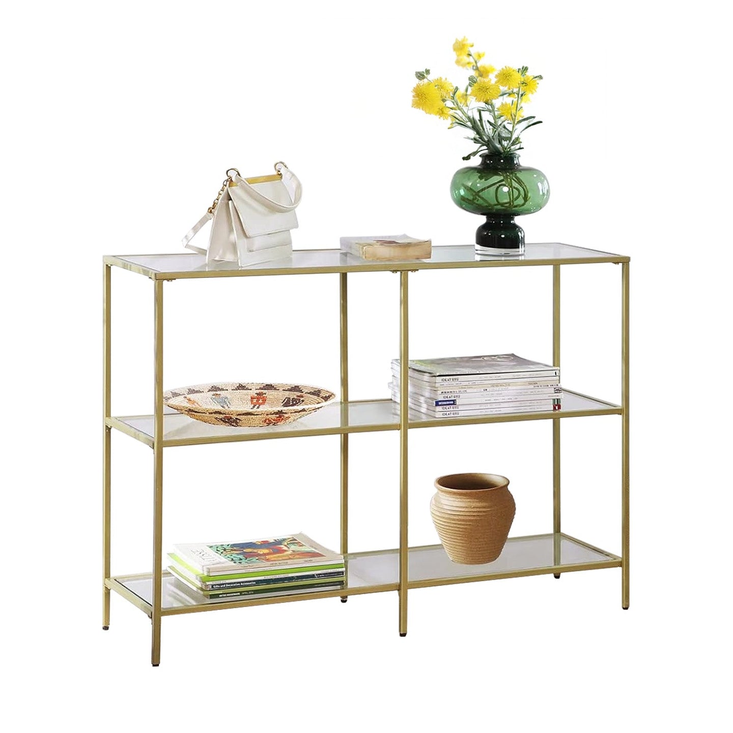 3-Tier Tempered Glass Sofa Table - Tempered Glass - Gold - Modern Storage Shelf