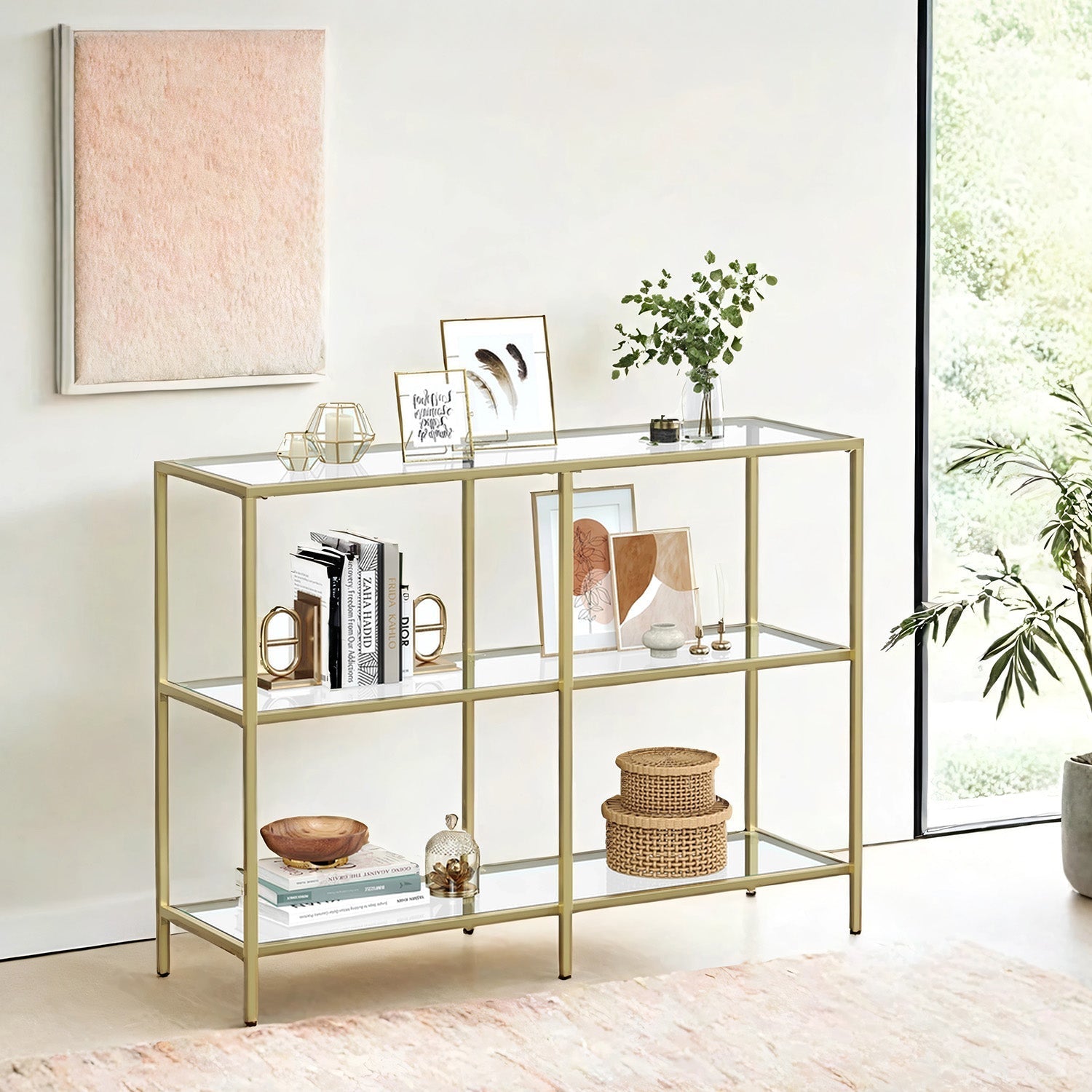 3-Tier Tempered Glass Sofa Table - Tempered Glass - Gold - Modern Storage Shelf
