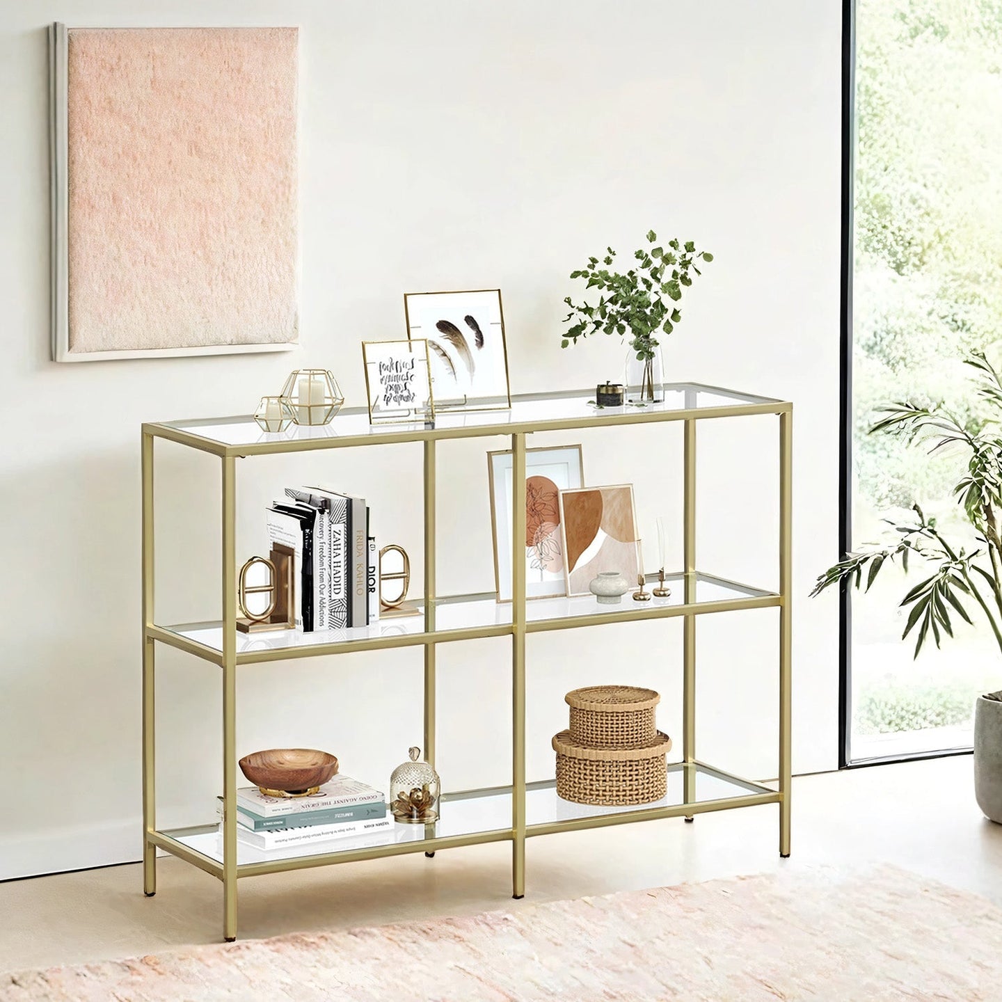 3-Tier Tempered Glass Sofa Table - Tempered Glass - Gold - Modern Storage Shelf
