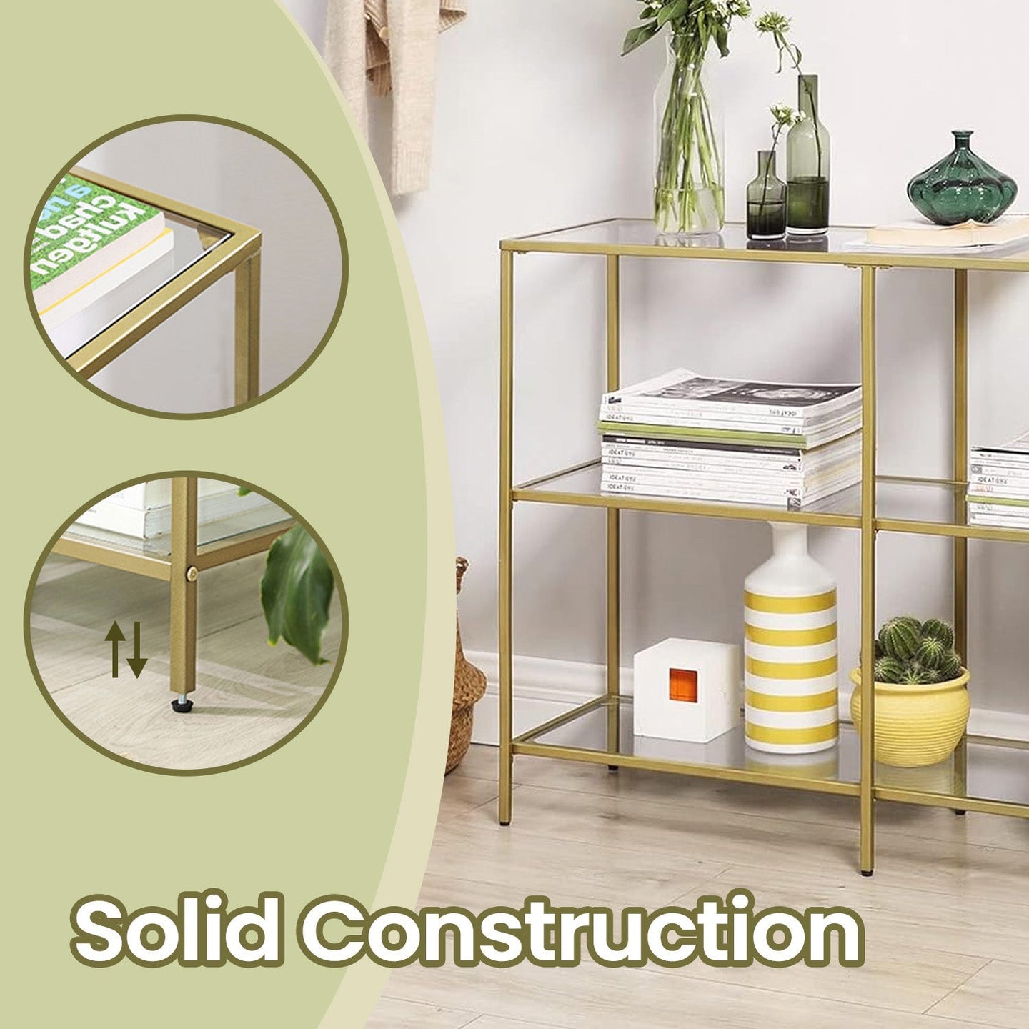 3-Tier Tempered Glass Sofa Table - Tempered Glass - Gold - Modern Storage Shelf