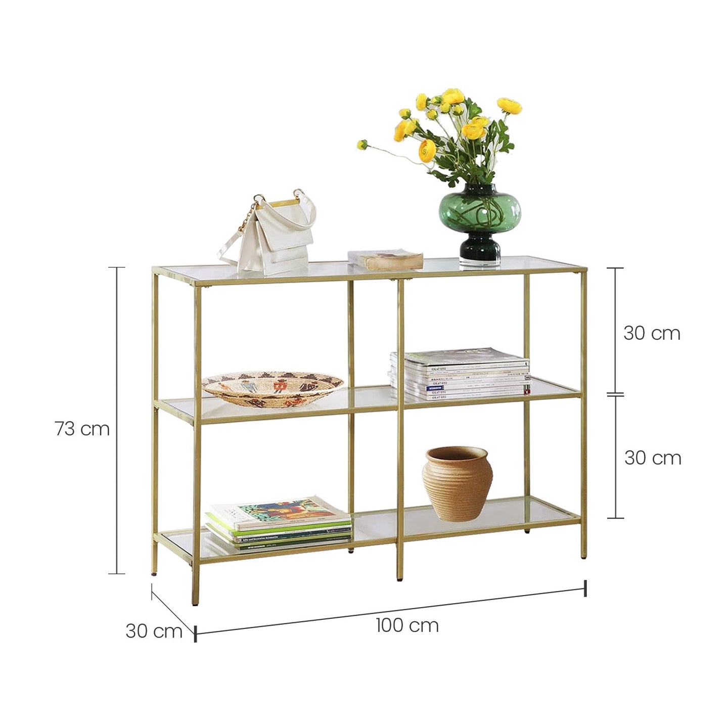 3-Tier Tempered Glass Sofa Table - Tempered Glass - Gold - Modern Storage Shelf