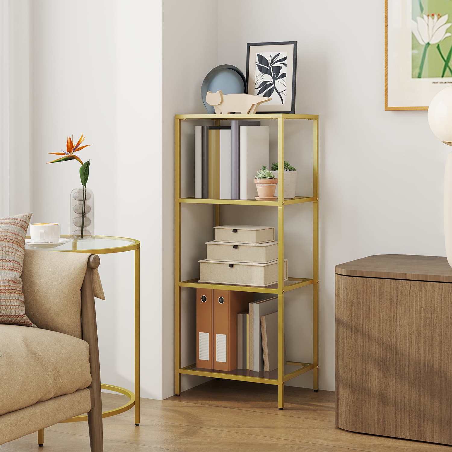 Bookcase - Tempered Glass - Gold - 4-Tier Shelf for Versatile Storage