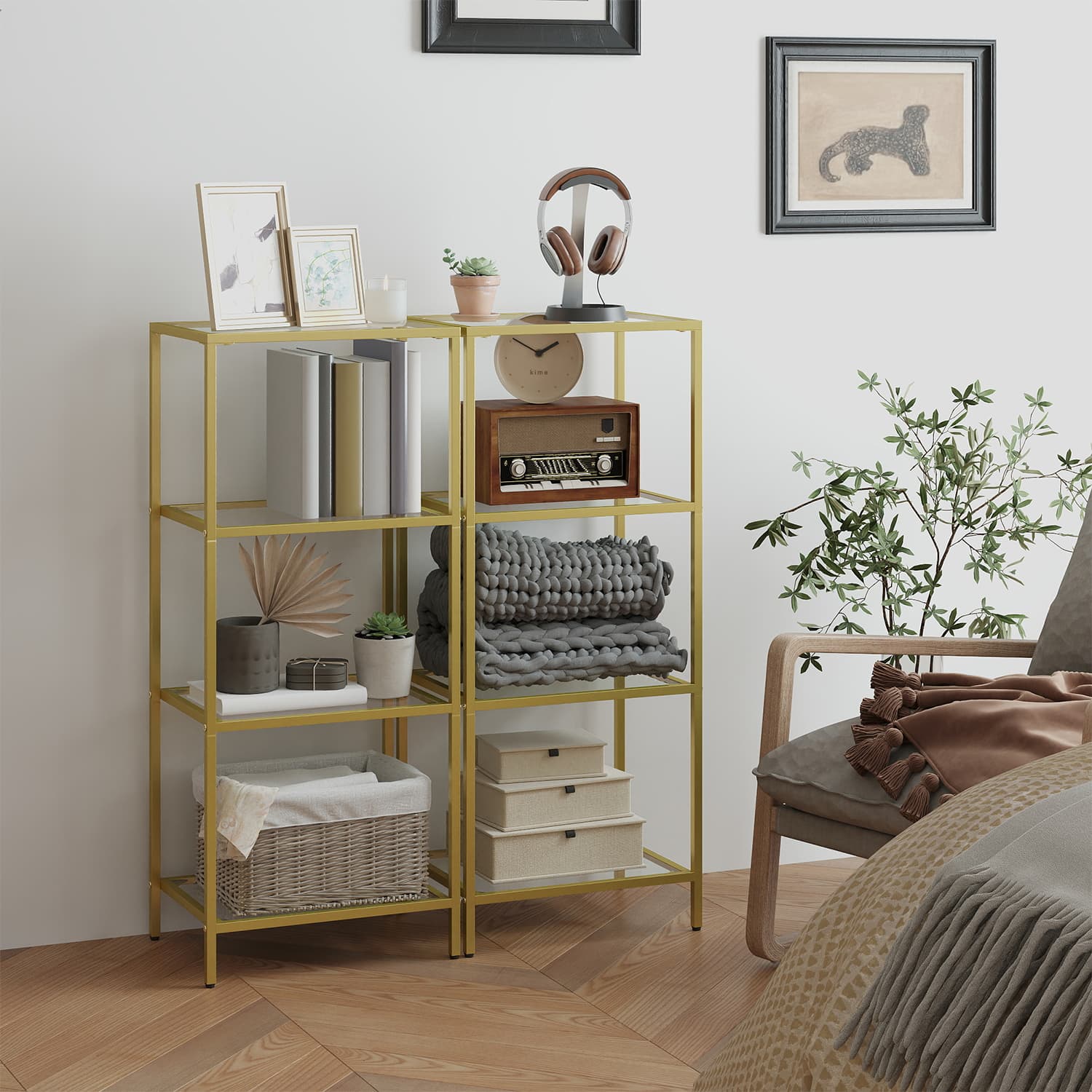 Bookcase - Tempered Glass - Gold - 4-Tier Shelf for Versatile Storage