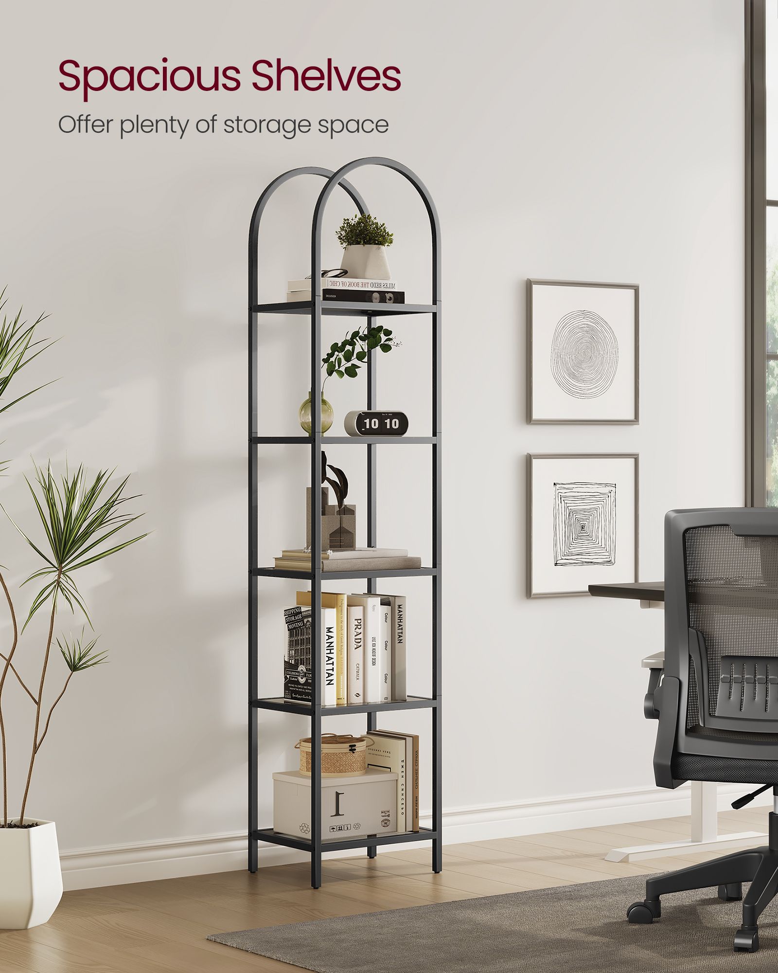 5-Tier Tempered Glass Shelving Unit - Steel - Ink Black and Slate Grey - Arched Design