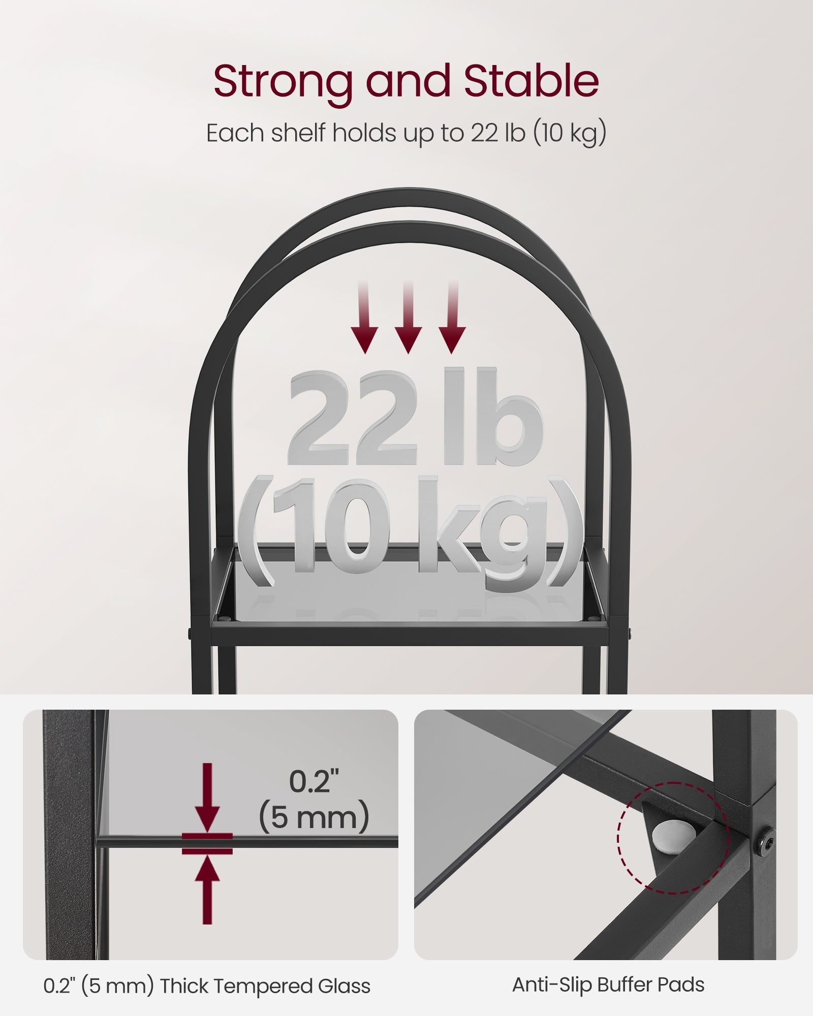 5-Tier Tempered Glass Shelving Unit - Steel - Ink Black and Slate Grey - Arched Design
