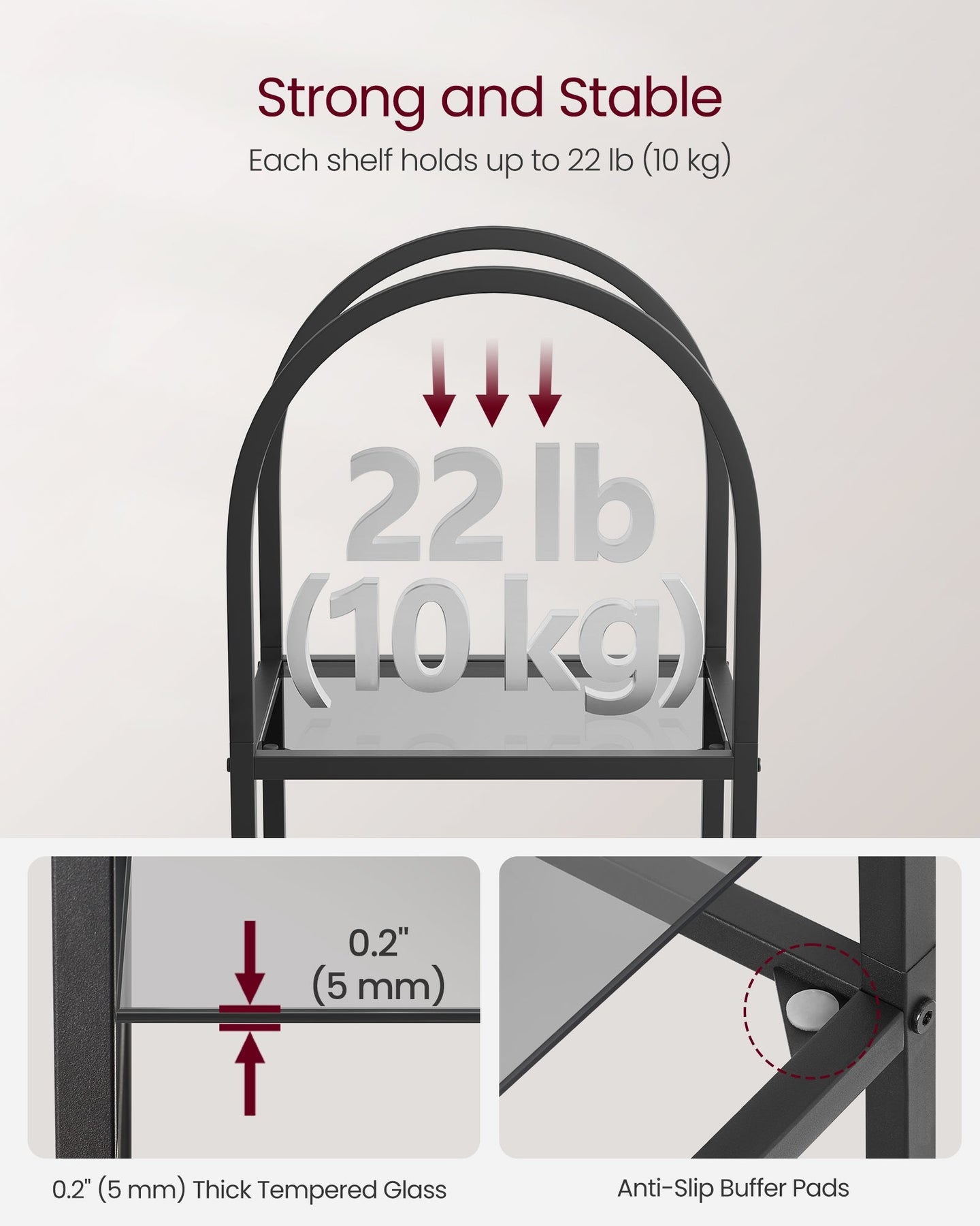 5-Tier Tempered Glass Shelving Unit - Steel - Ink Black and Slate Grey - Arched Design