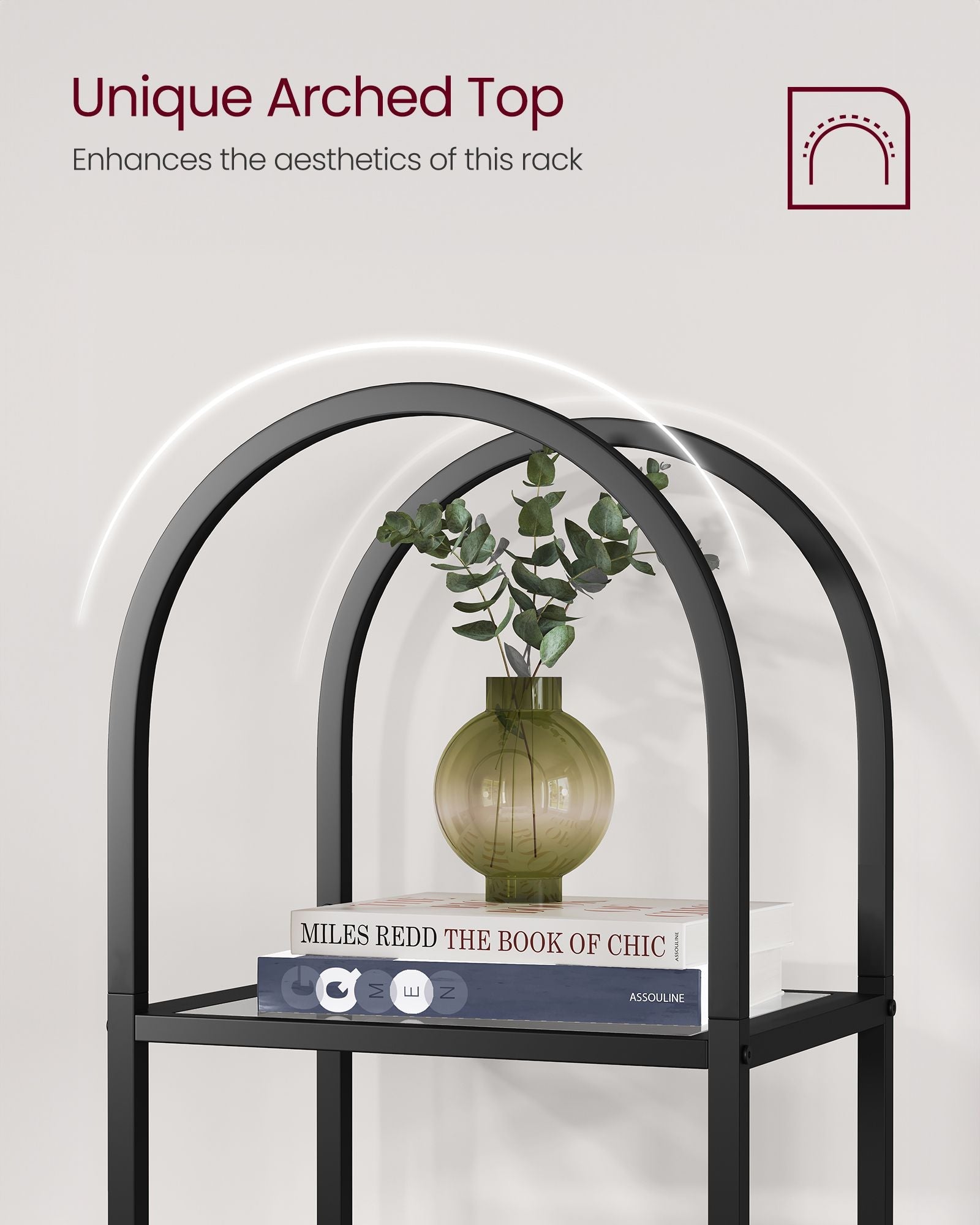 5-Tier Tempered Glass Shelving Unit - Steel - Ink Black and Slate Grey - Arched Design