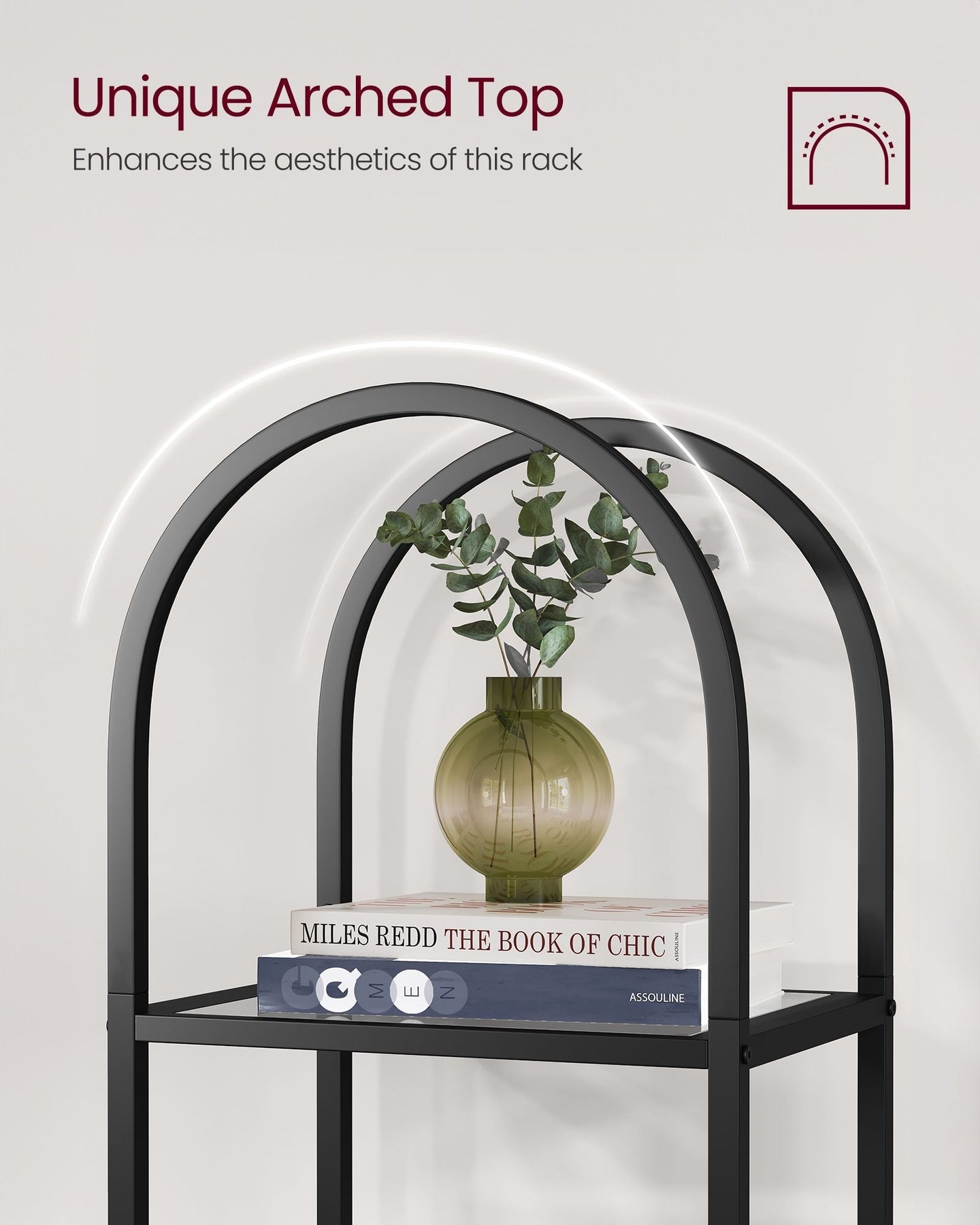 5-Tier Tempered Glass Shelving Unit - Steel - Ink Black and Slate Grey - Arched Design
