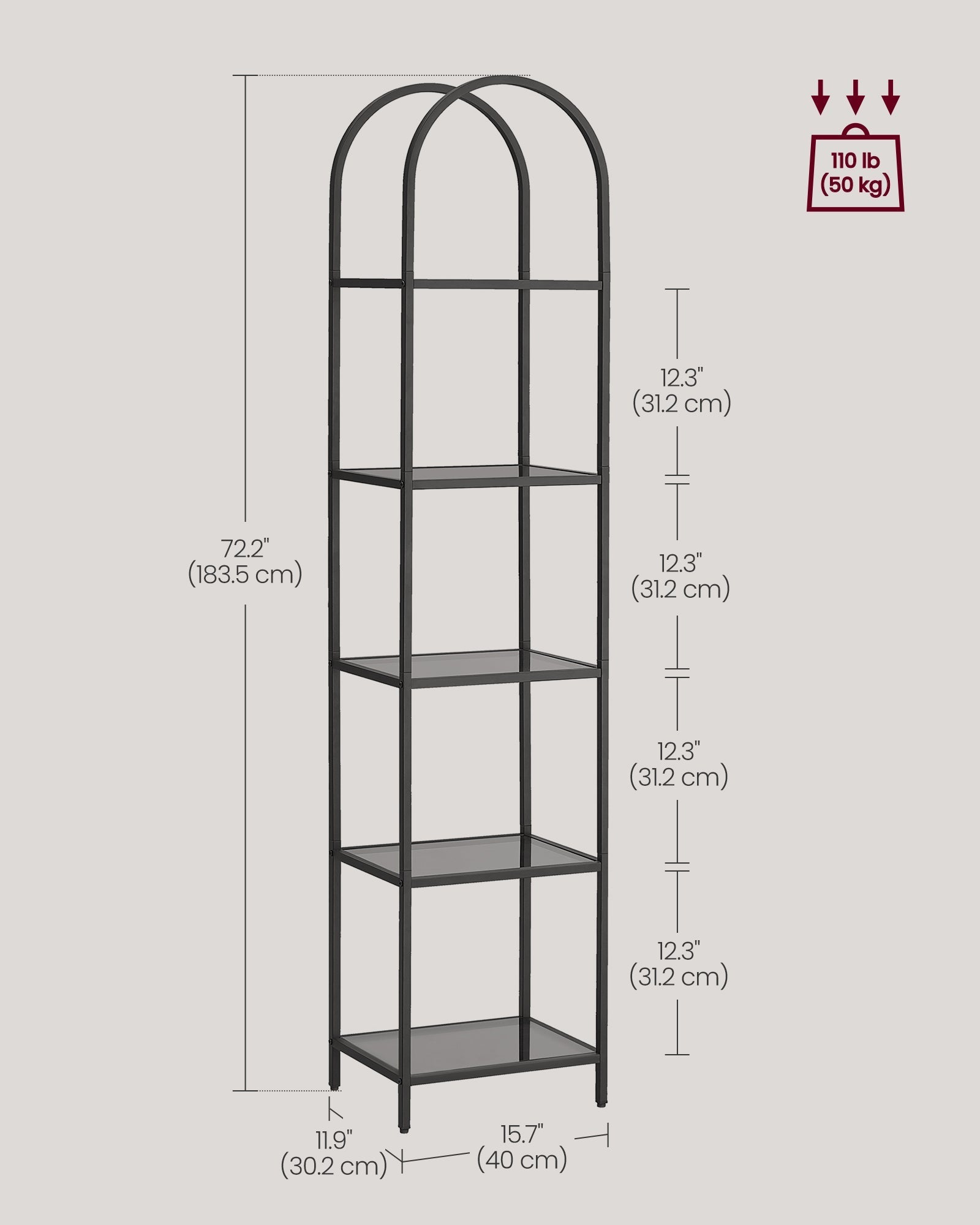5-Tier Tempered Glass Shelving Unit - Steel - Ink Black and Slate Grey - Arched Design