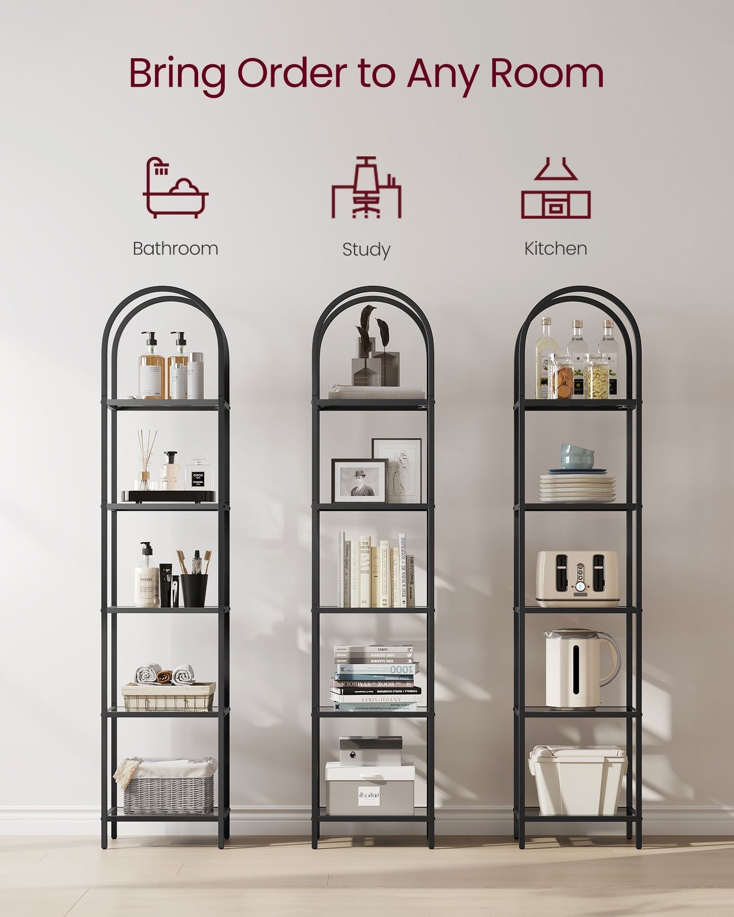 5-Tier Tempered Glass Shelving Unit - Steel - Ink Black and Slate Grey - Arched Design