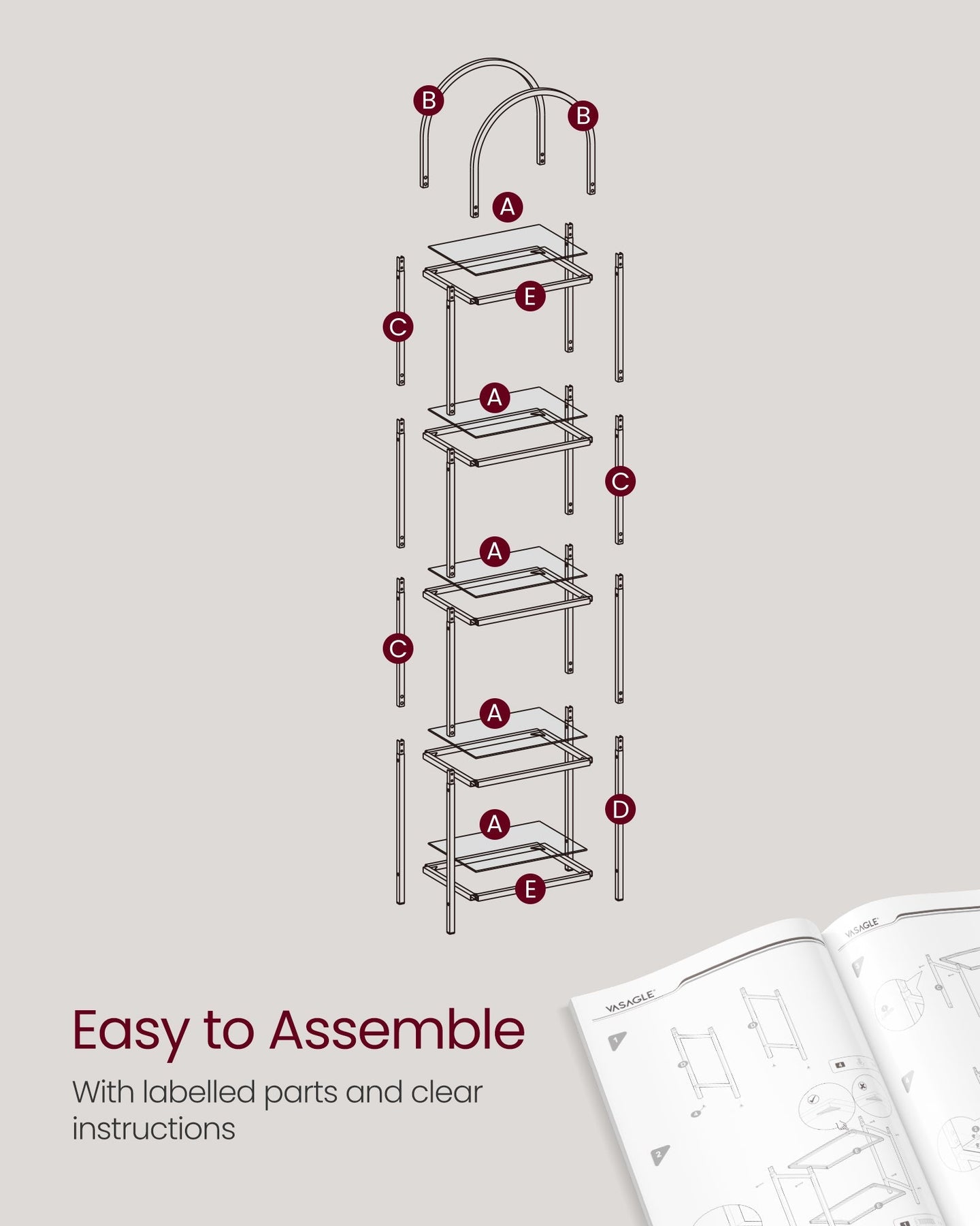 5-Tier Tempered Glass Shelving Unit - Steel - Ink Black and Slate Grey - Arched Design