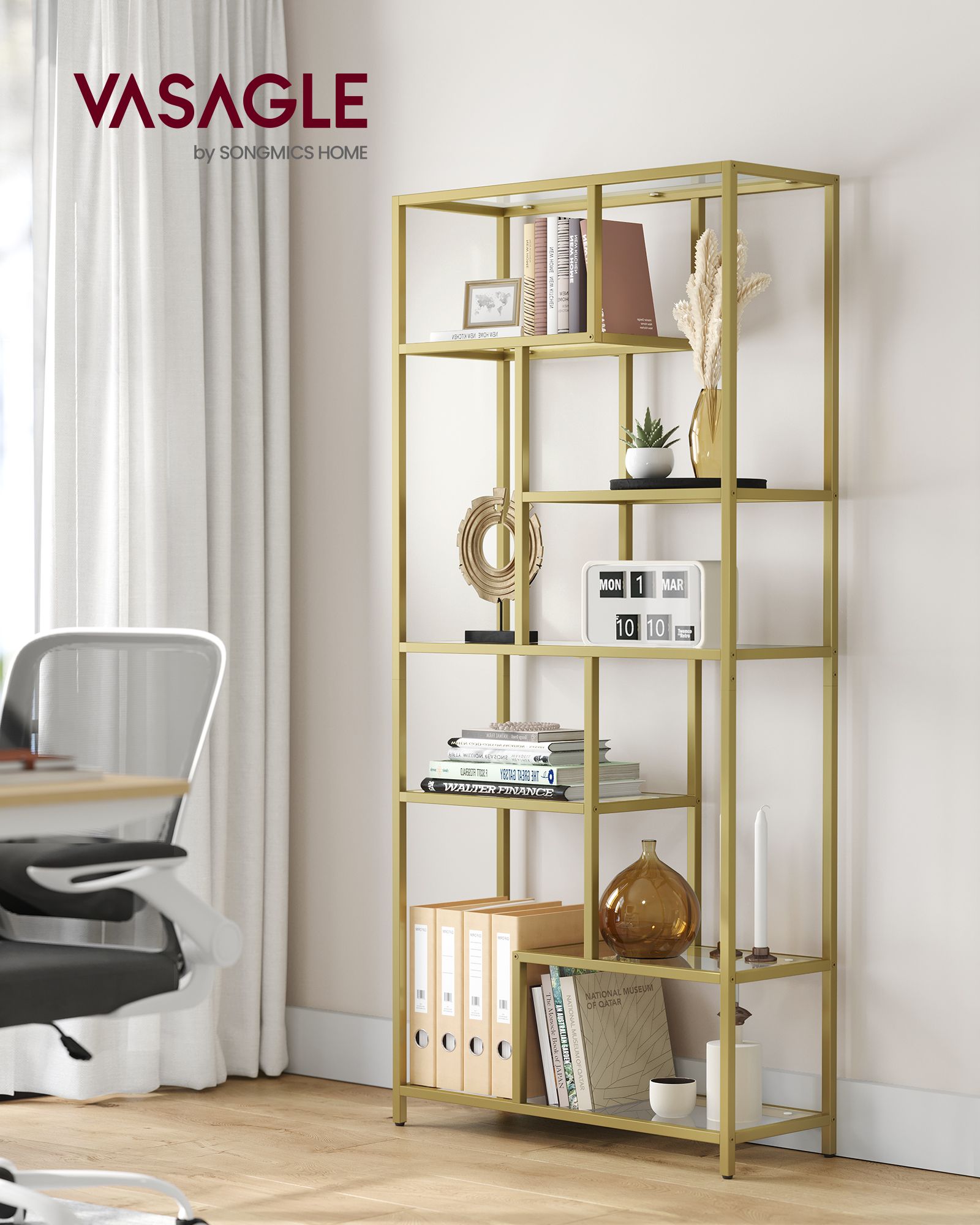 Tall Bookcase - Tempered Glass - Clear - 6-Tier Design for Versatile Display and Storage