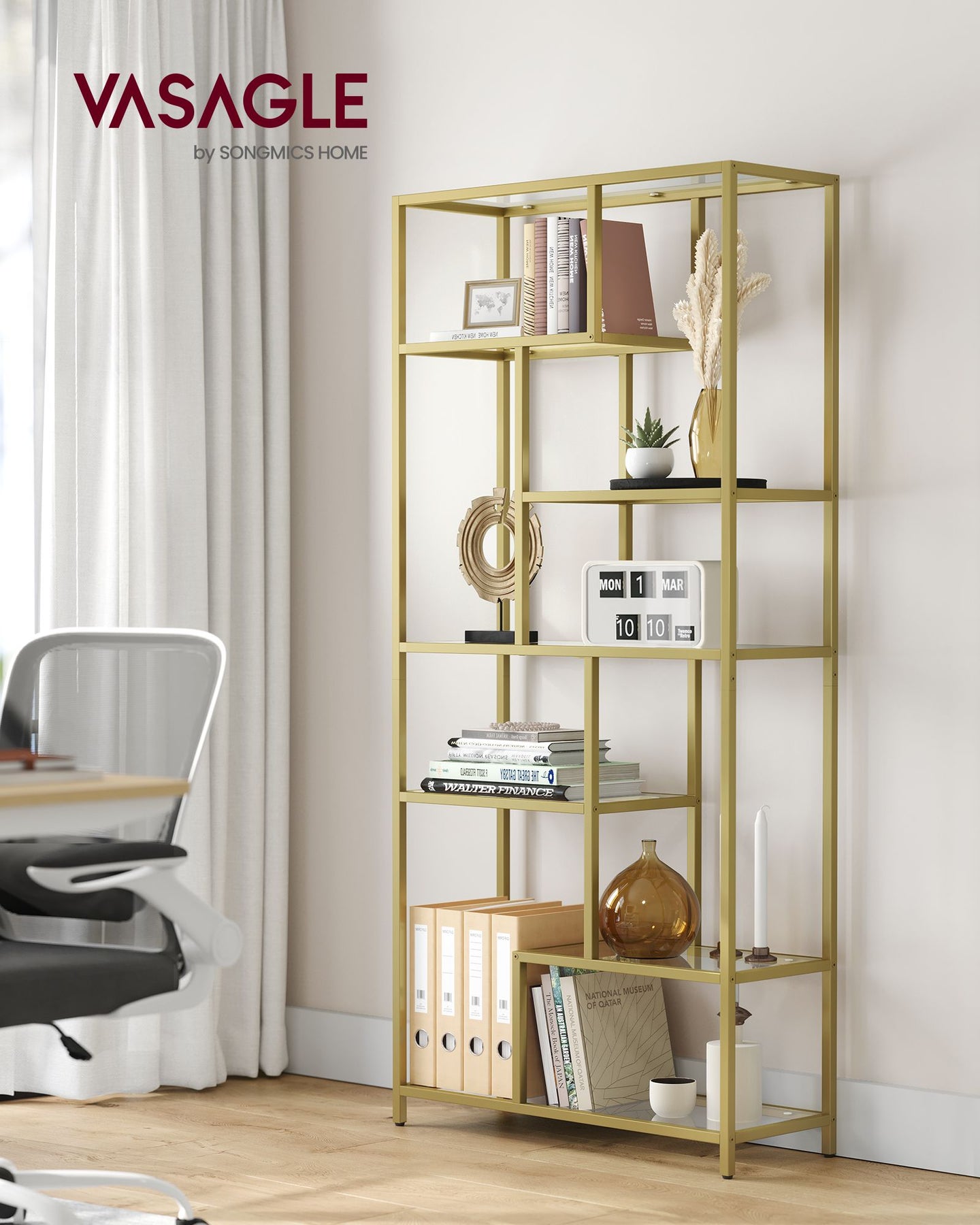 Tall Bookcase - Tempered Glass - Clear - 6-Tier Design for Versatile Display and Storage