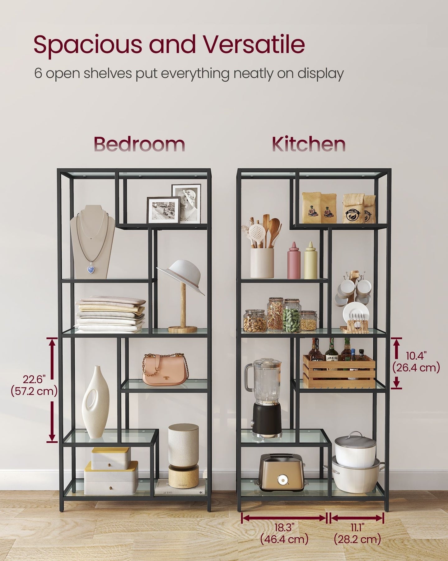 Tall Bookcase - Tempered Glass - Clear - 6-Tier Design for Versatile Display and Storage
