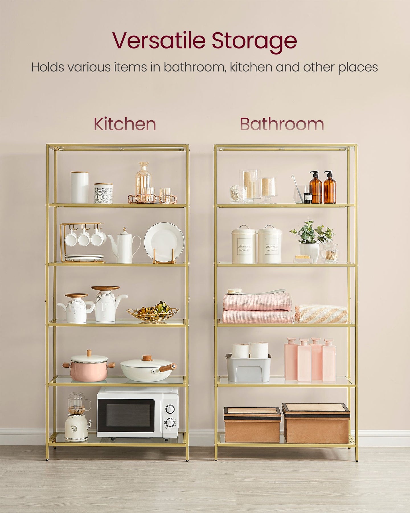 6-Tier Shelf - Tempered Glass - Metallic Gold - Versatile Storage for Home and Office