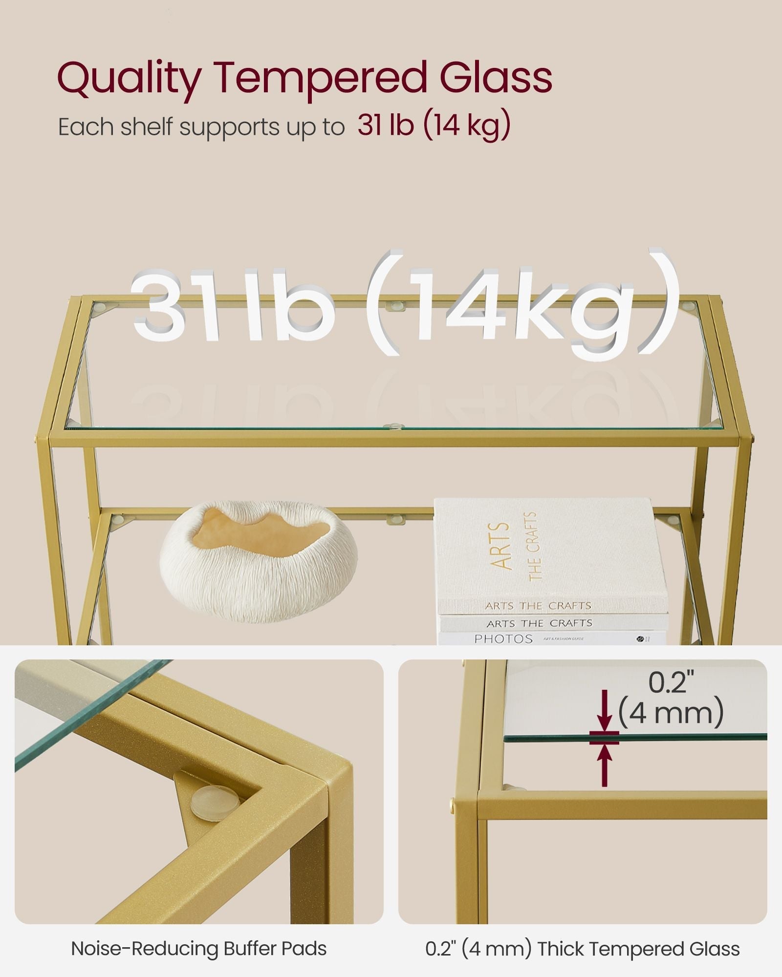 6-Tier Shelf - Tempered Glass - Metallic Gold - Versatile Storage for Home and Office