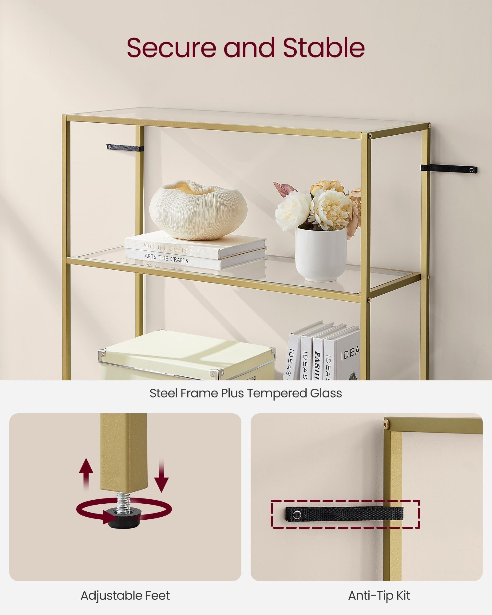 6-Tier Shelf - Tempered Glass - Metallic Gold - Versatile Storage for Home and Office