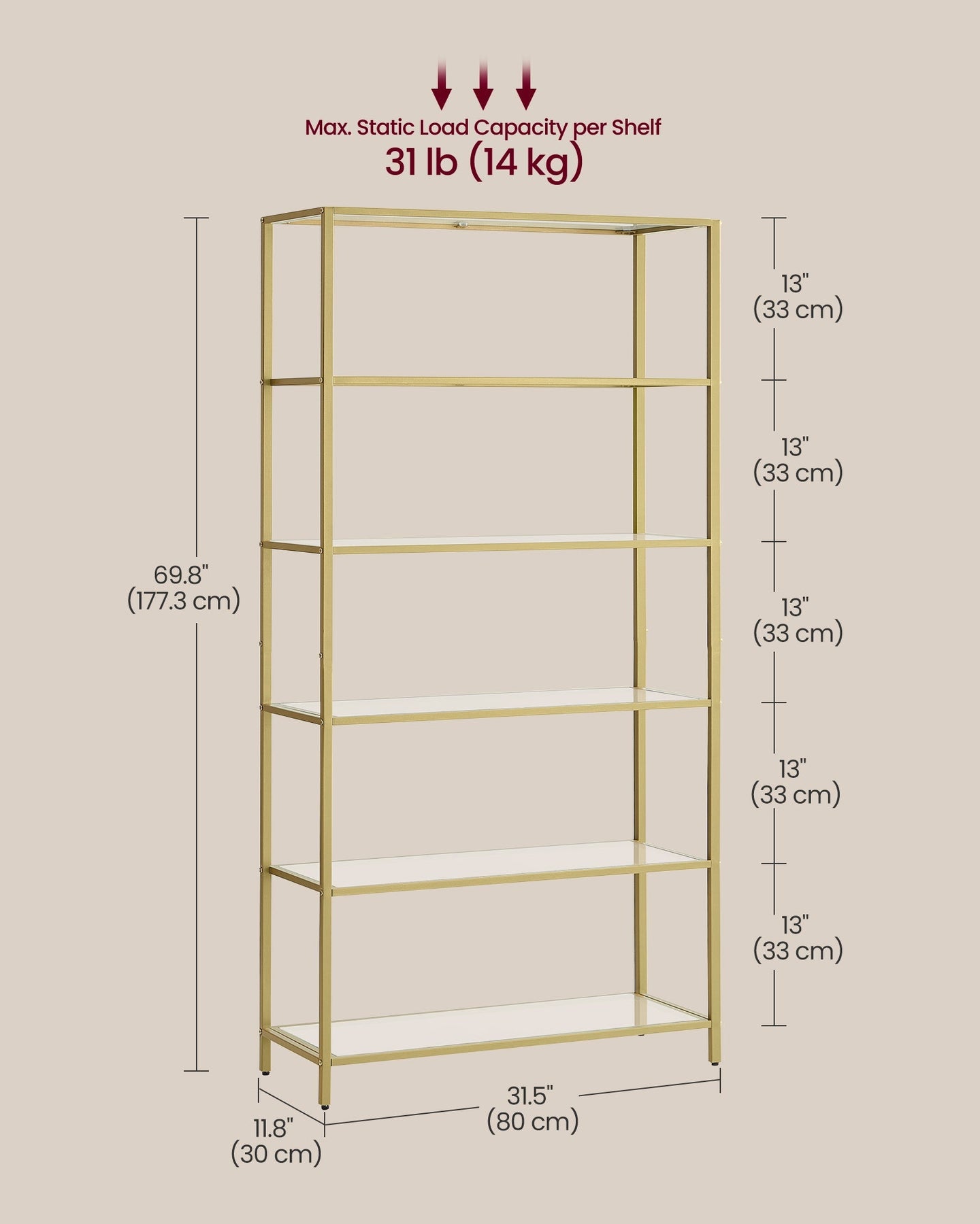 6-Tier Shelf - Tempered Glass - Metallic Gold - Versatile Storage for Home and Office