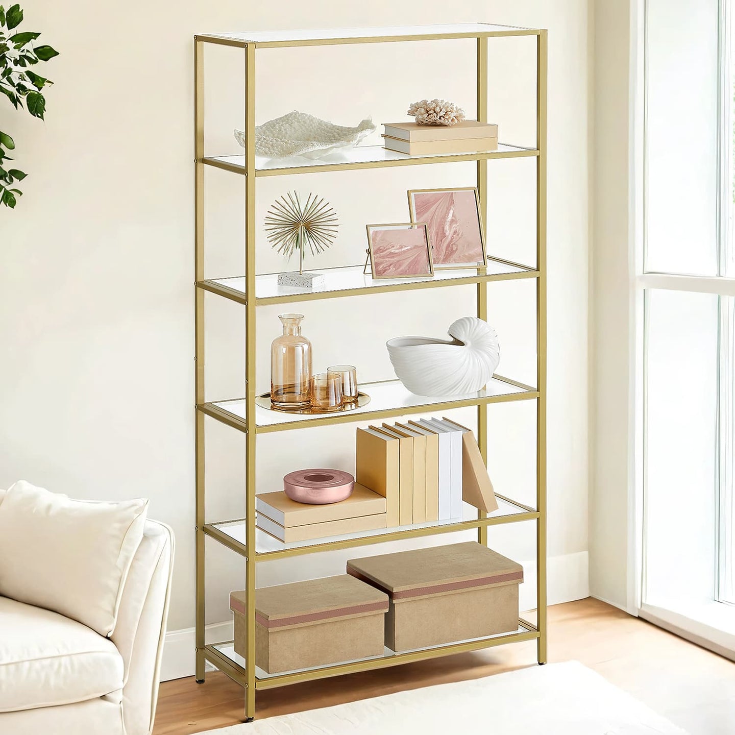 Tall Bookcase - Tempered Glass - Gold - 6-Tier Shelving Unit for Living Room and Study
