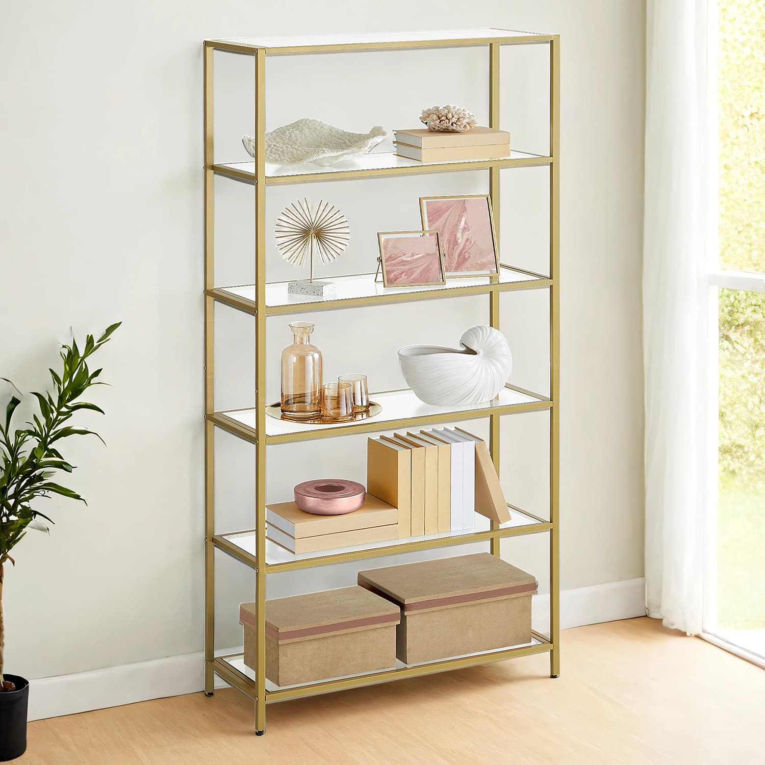 Tall Bookcase - Tempered Glass - Gold - 6-Tier Shelving Unit for Living Room and Study
