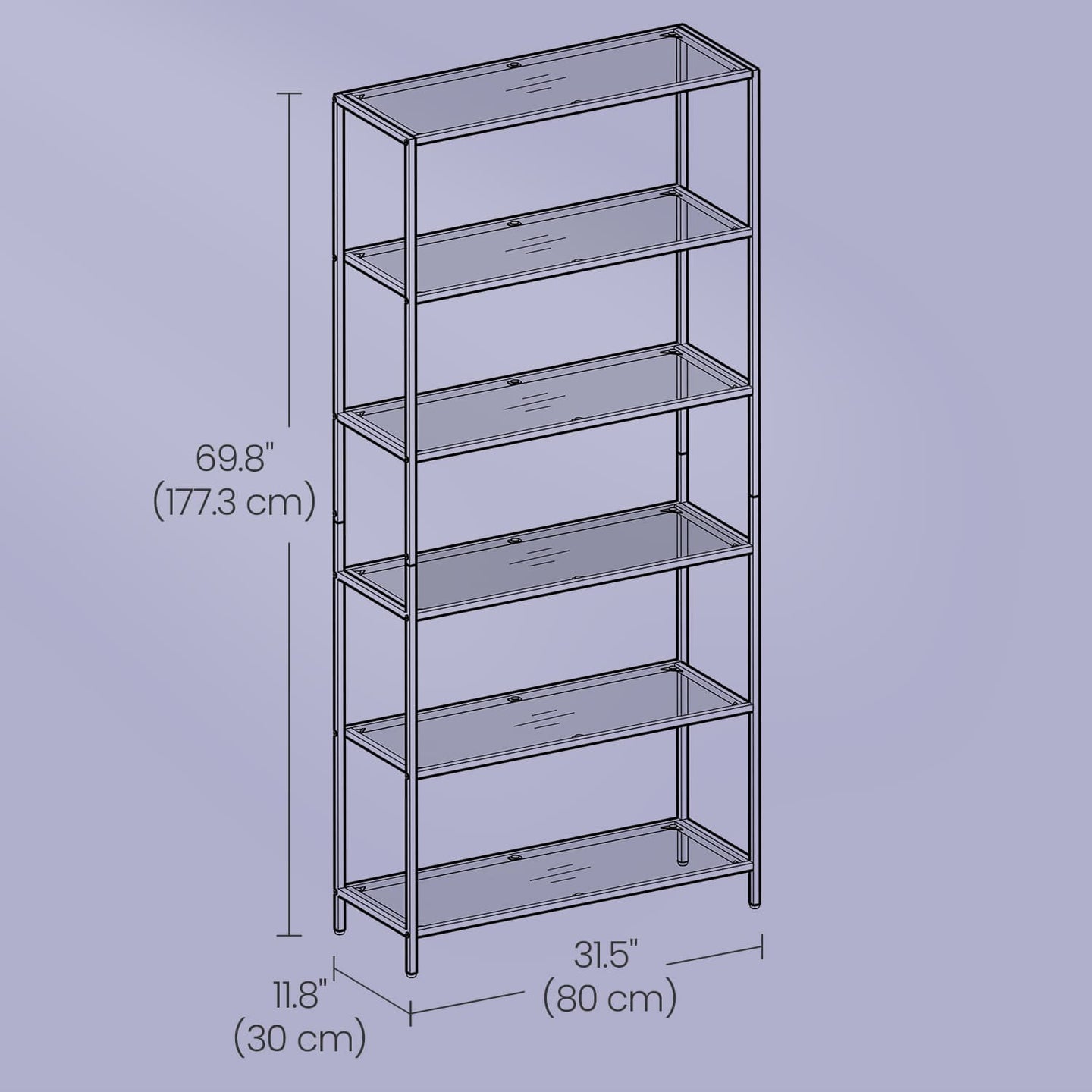 Tall Bookcase - Tempered Glass - Gold - 6-Tier Shelving Unit for Living Room and Study