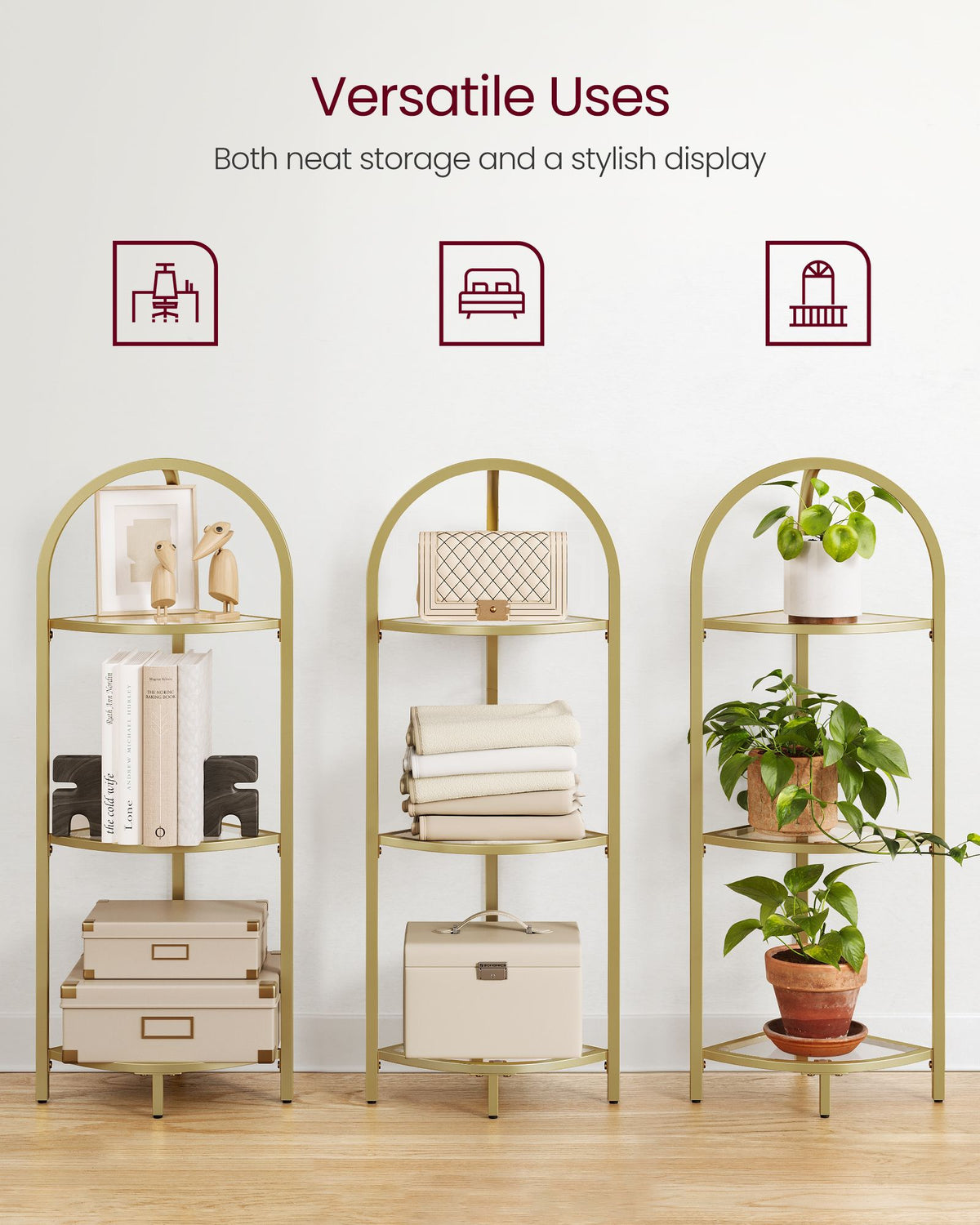 Corner Shelf Stand - Tempered Glass - Metallic Gold - 3-Tier Design with Versatile Storage