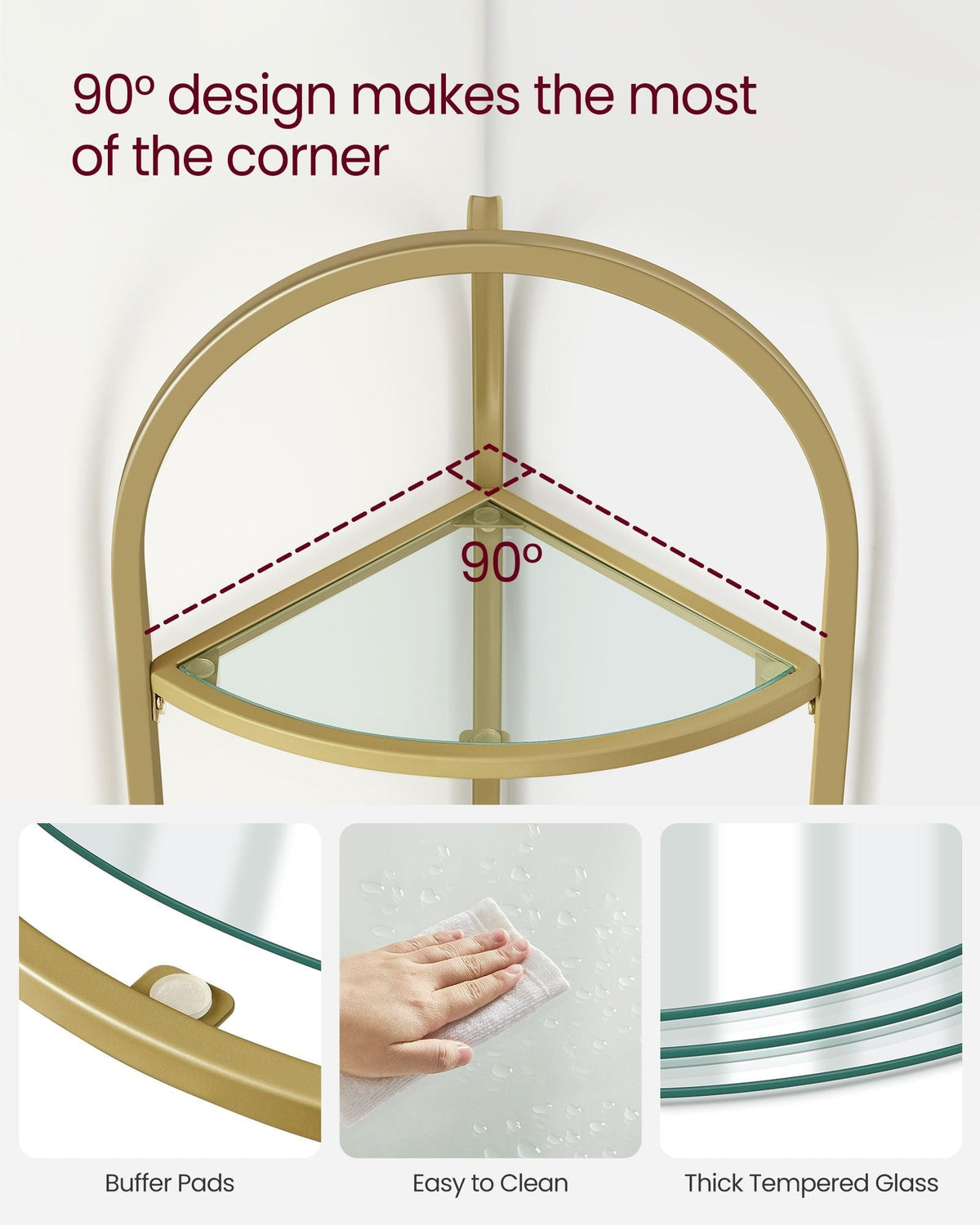 Corner Shelf Stand - Tempered Glass - Metallic Gold - 3-Tier Design with Versatile Storage