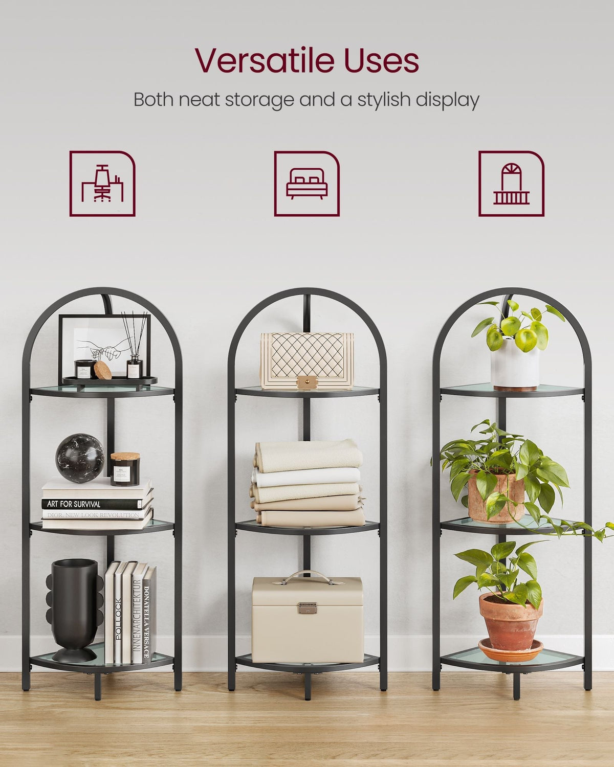 Corner Shelf Stand - Tempered Glass - Classic Black - 3-Tier Design with Metal Frame