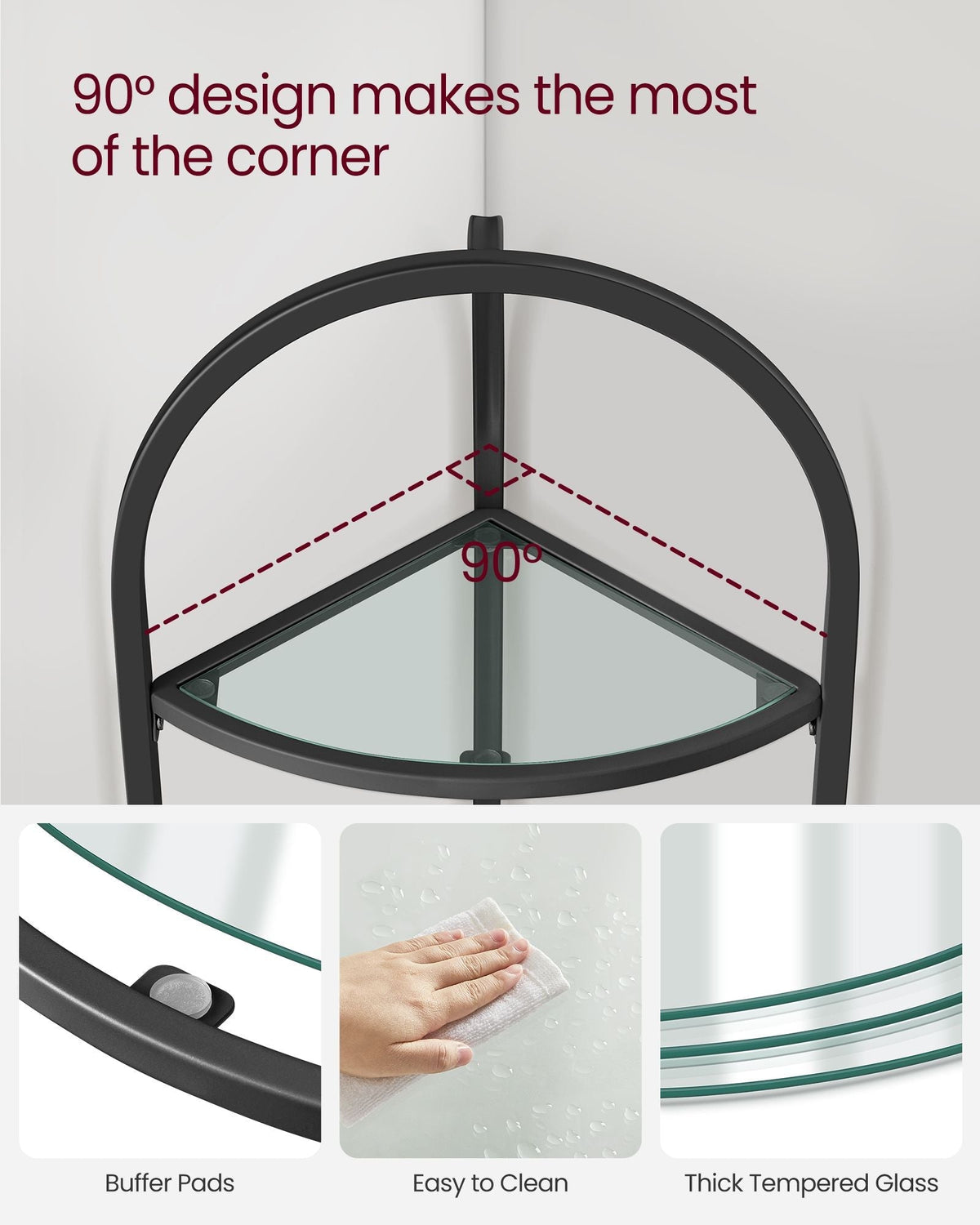Corner Shelf Stand - Tempered Glass - Classic Black - 3-Tier Design with Metal Frame