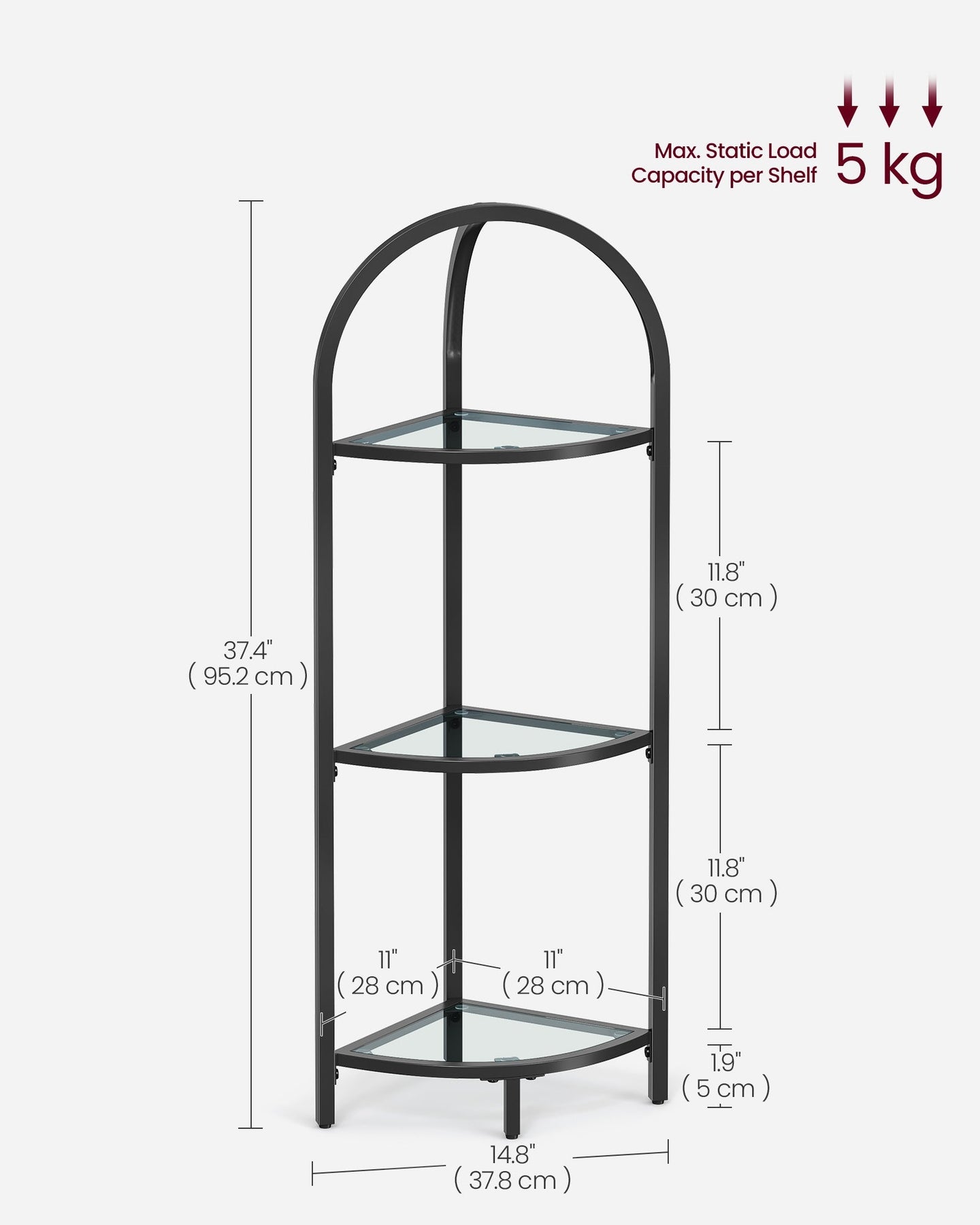 Corner Shelf Stand - Tempered Glass - Classic Black - 3-Tier Design with Metal Frame