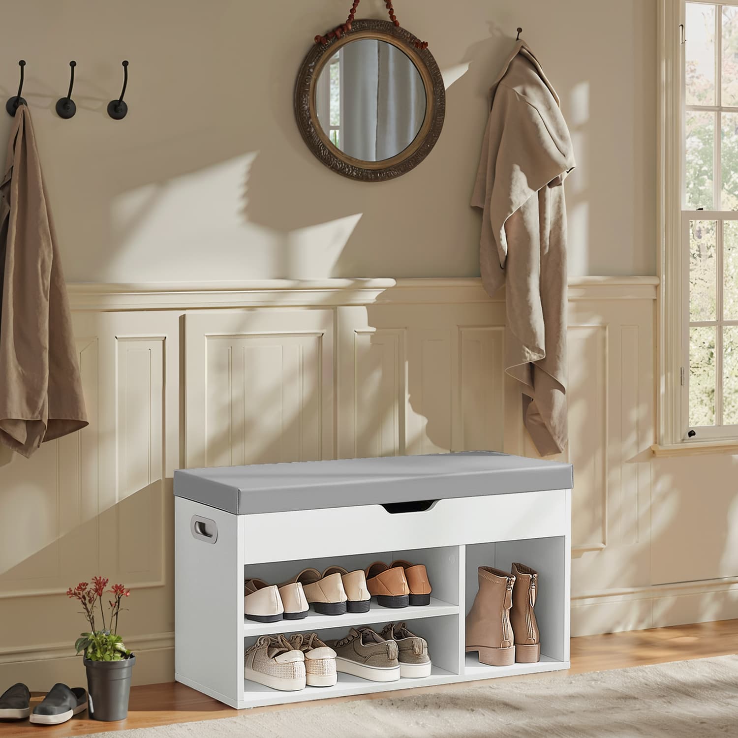 Storage Bench - Wood - White - Padded Seat with Hidden Chest and 2 Shelves
