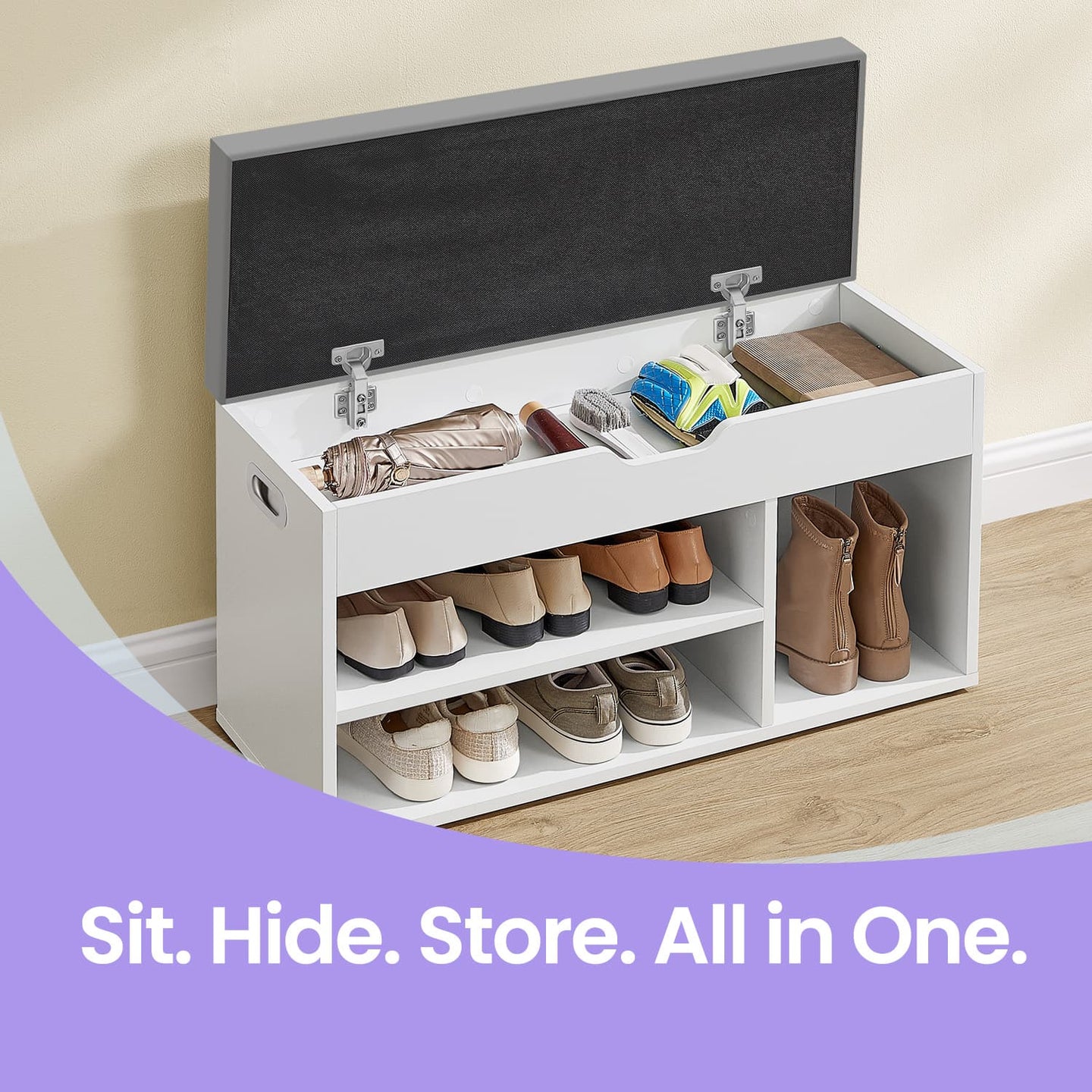 Storage Bench - Wood - White - Padded Seat with Hidden Chest and 2 Shelves