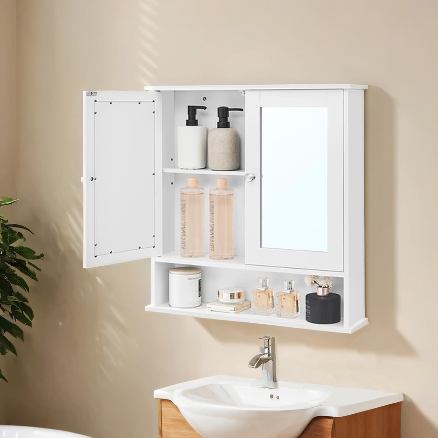 Bathroom Cabinet - Engineered Wood - Dove Gray - Wall-Mounted with 2 Mirrored Doors and Adjustable Shelf