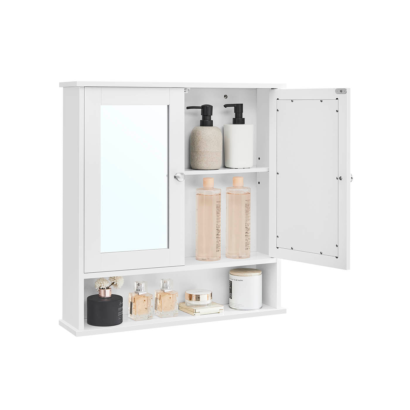 Wall-Mounted Storage Cabinet - Wood - White - Double Mirrored Doors with Adjustable Height Rack