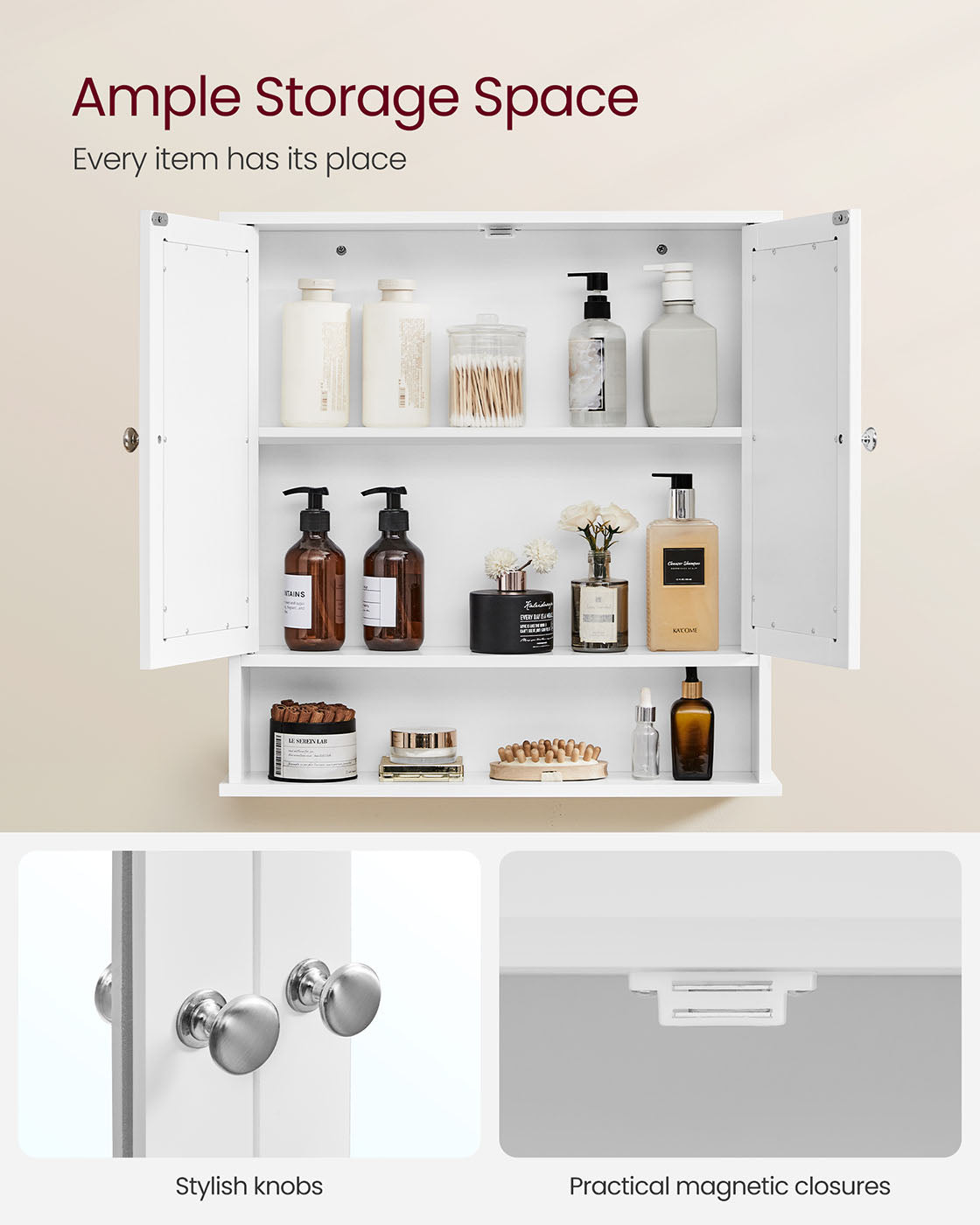 Wall-Mounted Storage Cabinet - Wood - White - Double Mirrored Doors with Adjustable Height Rack
