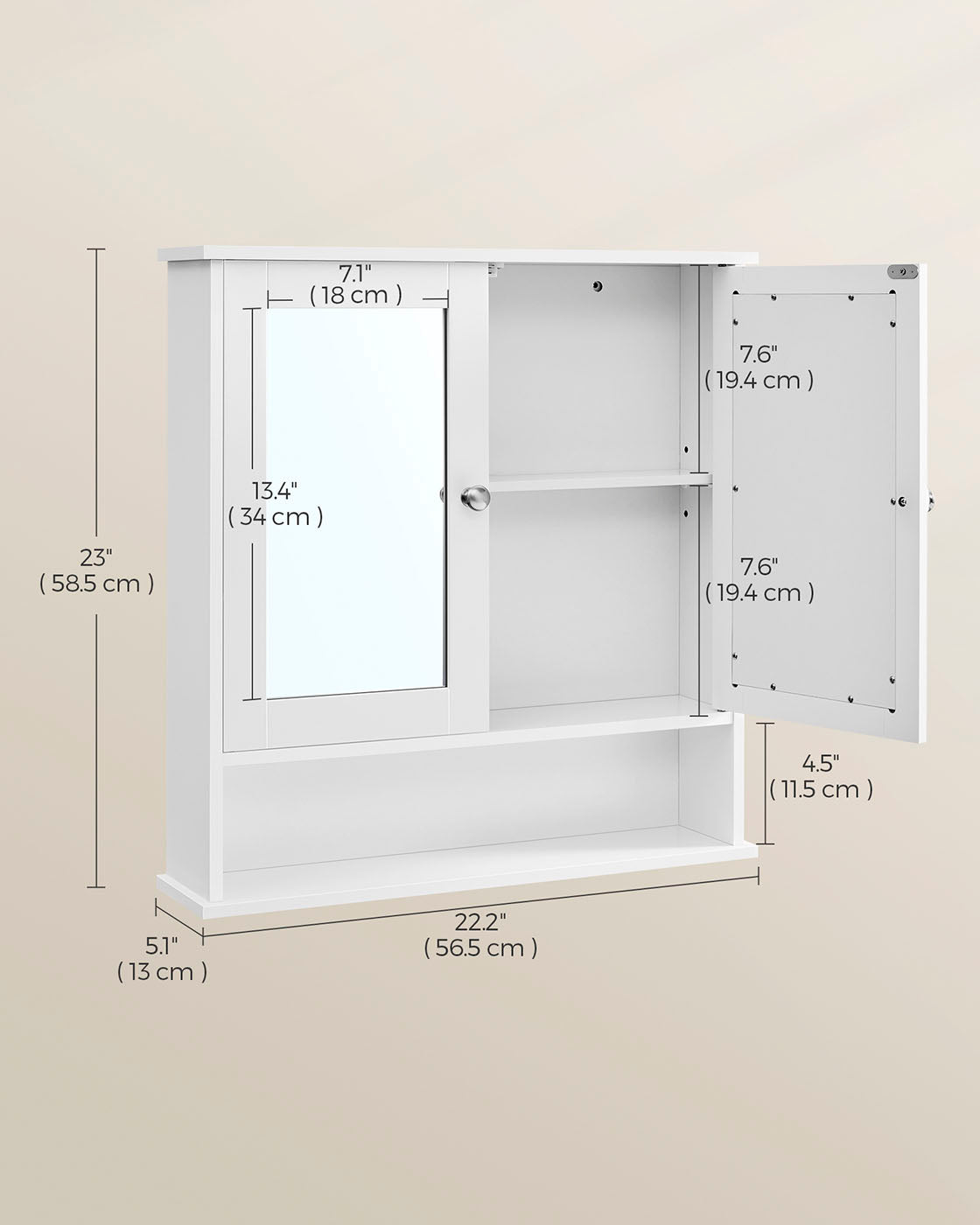 Wall-Mounted Storage Cabinet - Wood - White - Double Mirrored Doors with Adjustable Height Rack