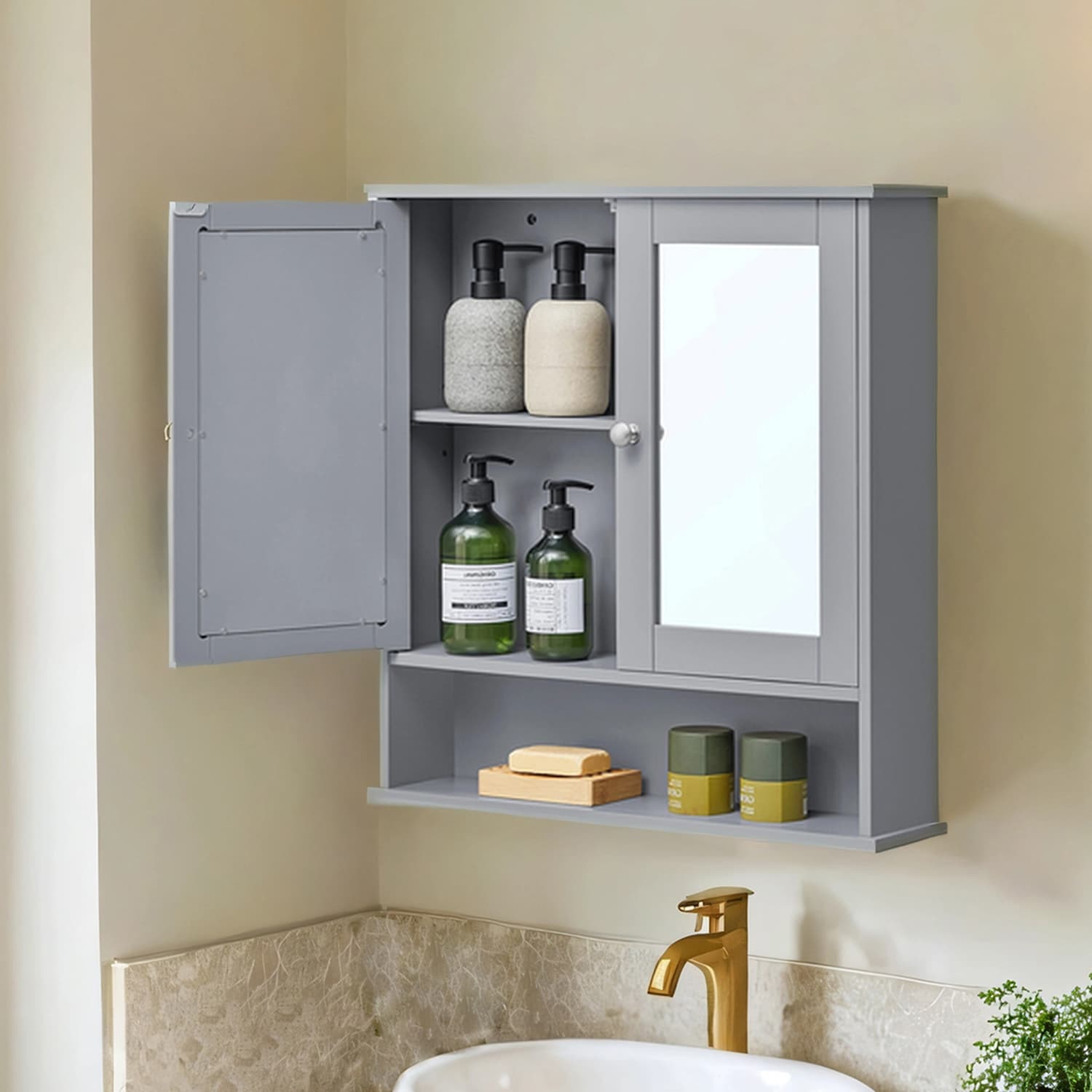 Bathroom Cabinet - Engineered Wood - Dove Gray - Wall-Mounted with 2 Mirrored Doors and Adjustable Shelf