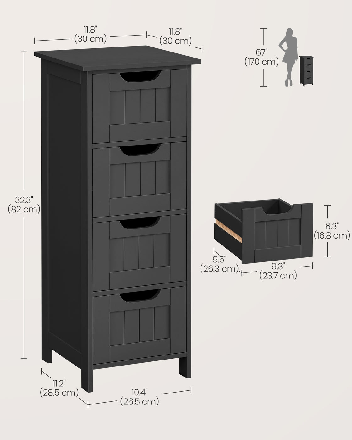 Bathroom Floor Storage Cabinet - Engineered Wood - Grey - Freestanding with 4 Drawers