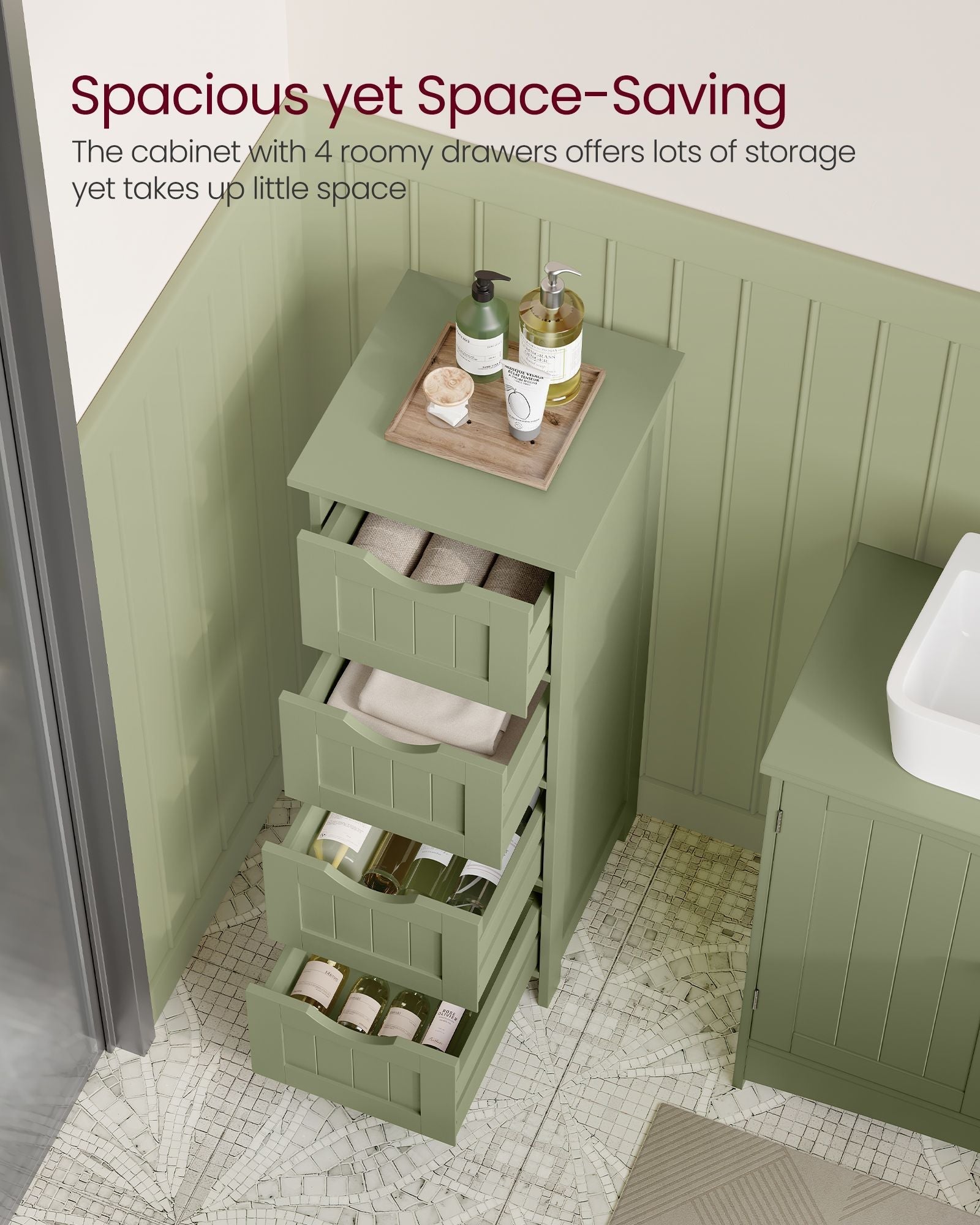 Bathroom Storage Cabinet - Wood - Laurel Green - Freestanding with 4 Drawers