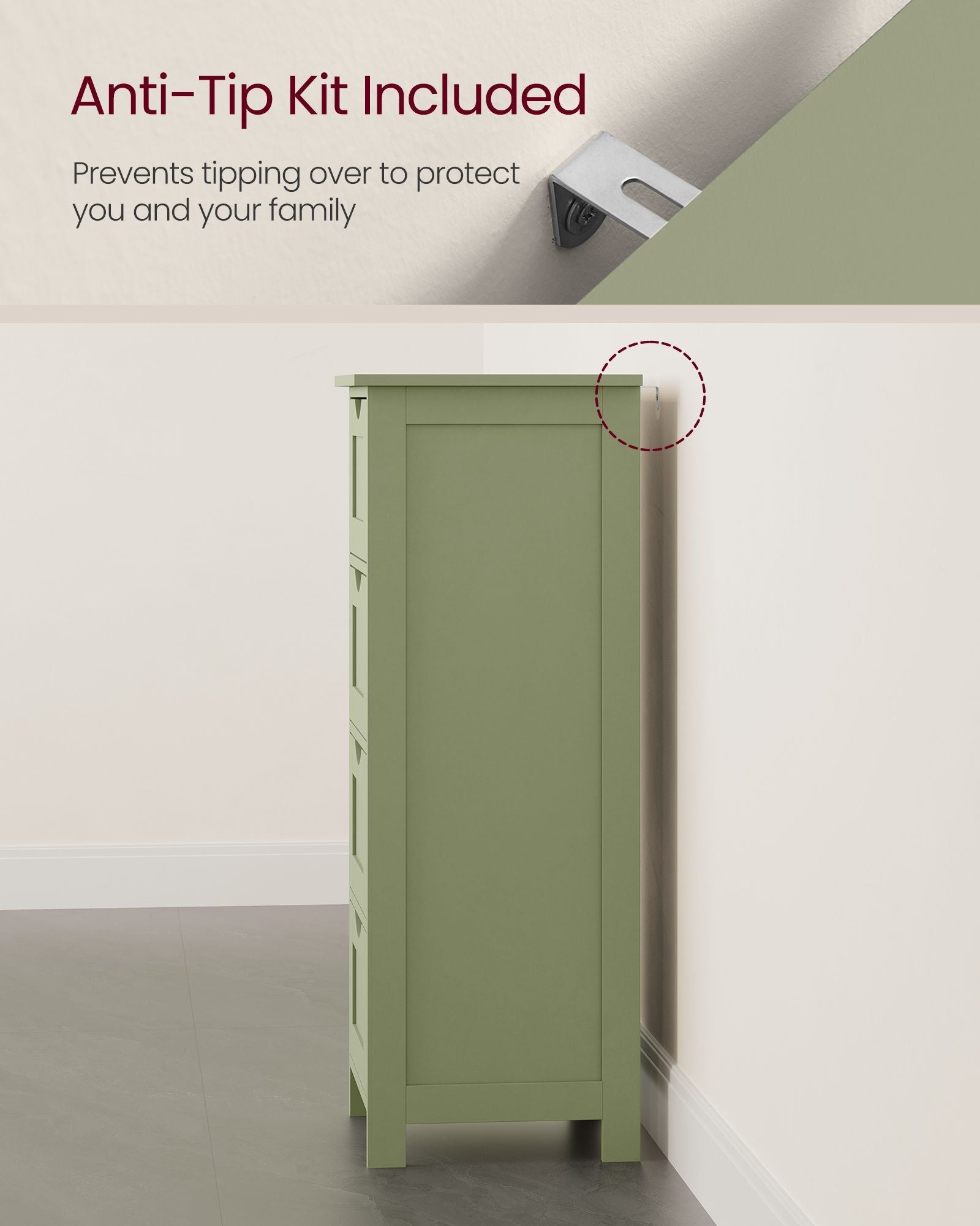 Bathroom Storage Cabinet - Wood - Laurel Green - Freestanding with 4 Drawers