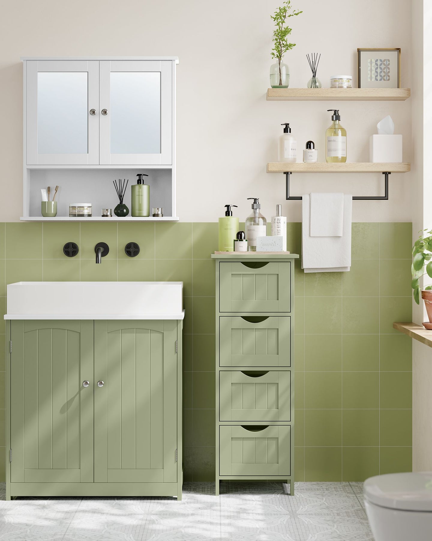 Bathroom Storage Cabinet - Wood - Laurel Green - Freestanding with 4 Drawers