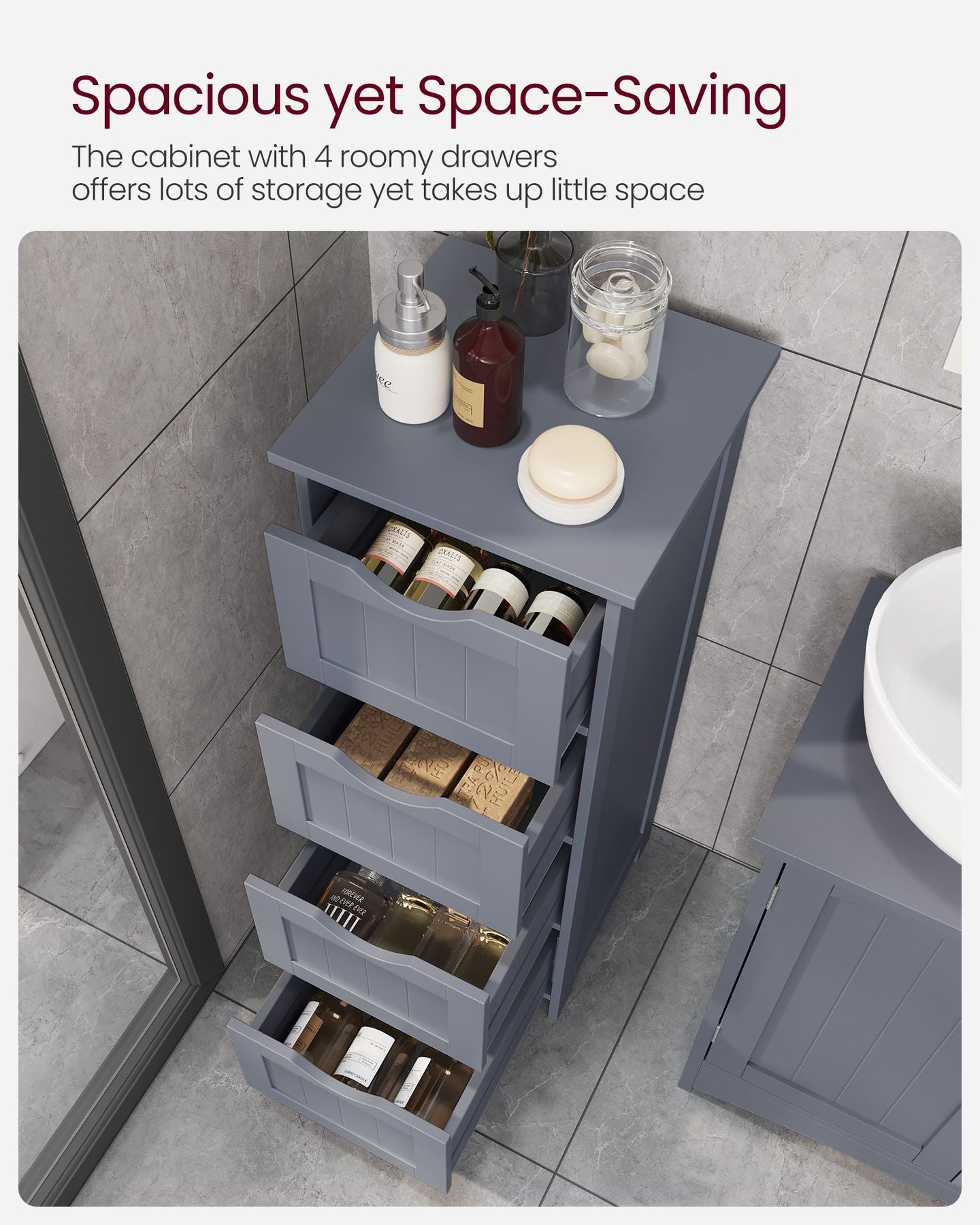 Bathroom Floor Storage Cabinet - MDF - Slate Grey - Freestanding with 4 Drawers